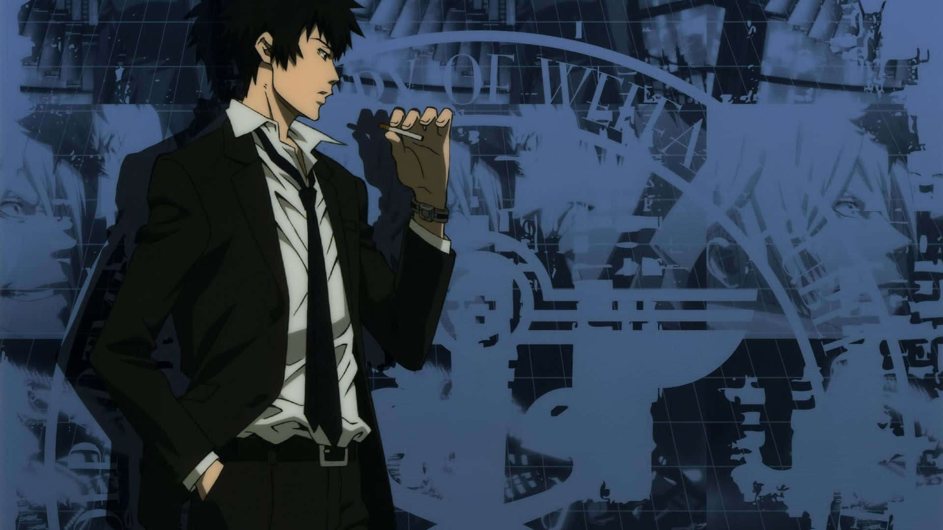Shinya Kogami 桌布 壁紙 — 一個穿著西裝的憂鬱動漫男子，在破碎的藍色城市景觀背景下抽煙。