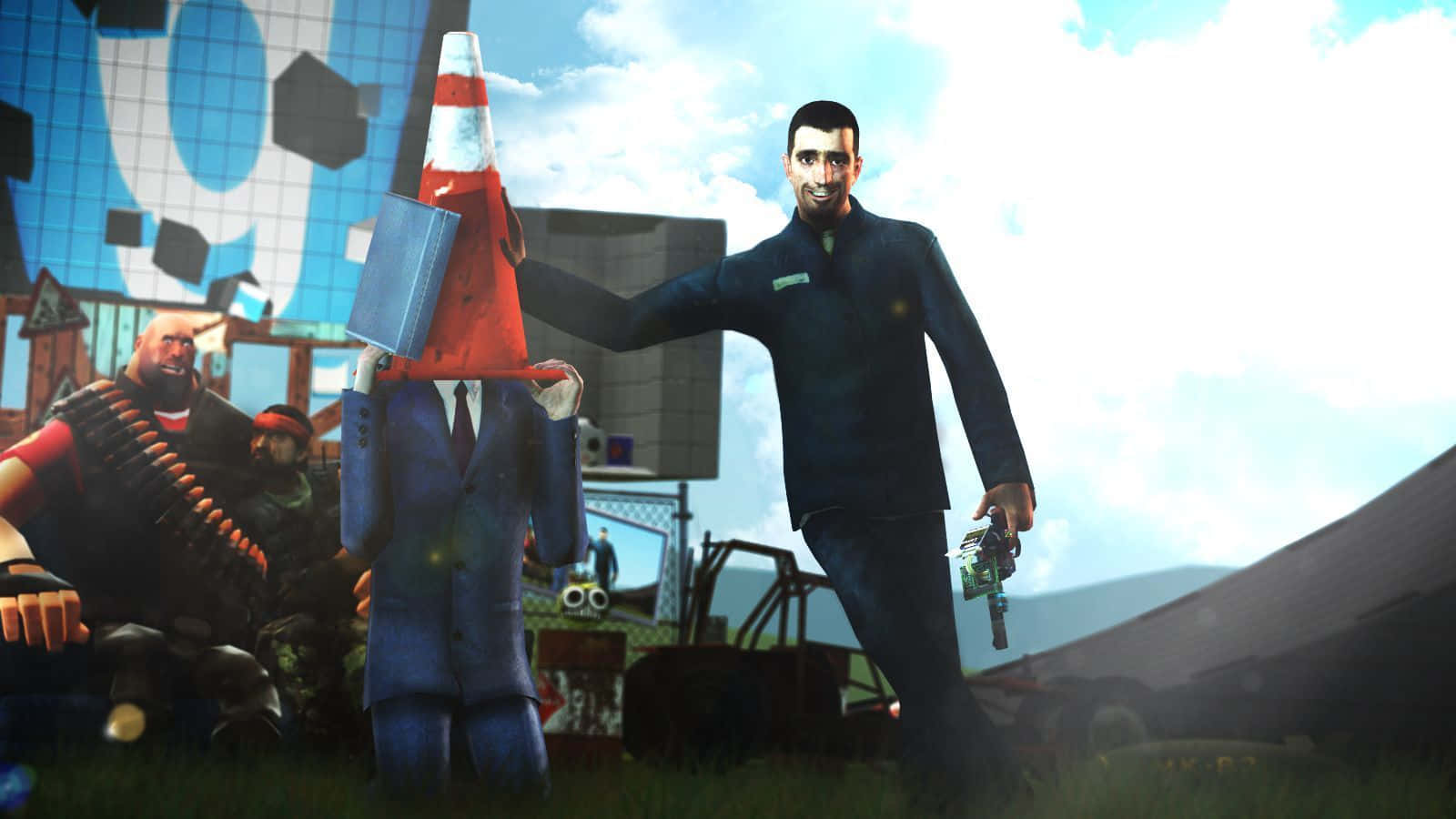 Gaming Mods 桌布 壁紙 — 一個穿著西裝的男人在一個混亂的戶外場景中，將一個交通錐舉在另一個男人的頭上，周圍還有其他角色和損毀的車輛。