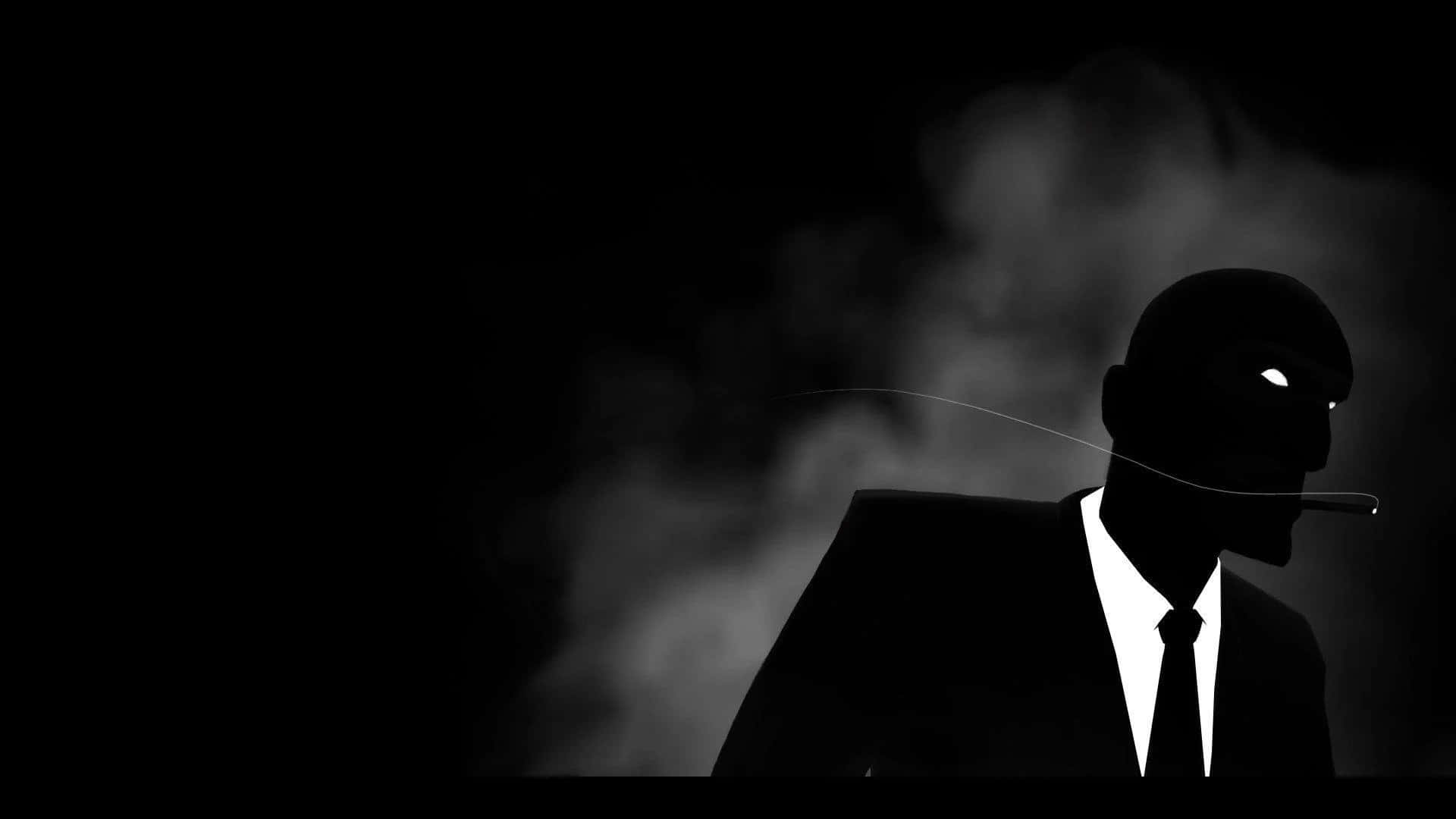 spy 桌布 壁紙 — 一個穿著西裝的男人在煙霧瀰漫的黑暗背景下吸煙的鮮明黑白剪影。
