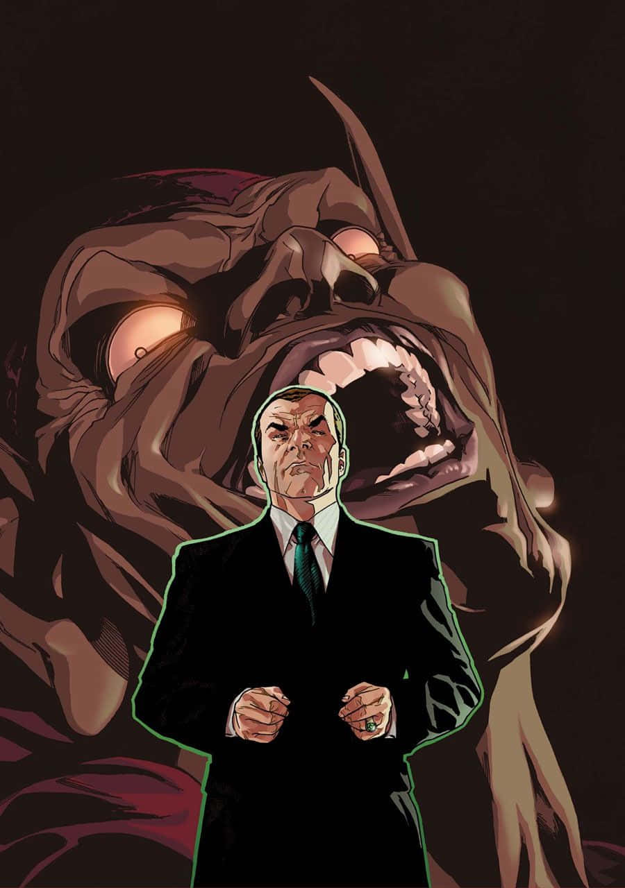Norman Osborn 桌布 壁紙 — 一個穿著西裝的男人挑釁地站在一個擁有發光眼睛的恐怖咆哮怪物面前，風格為黑暗戲劇性的漫畫風格。