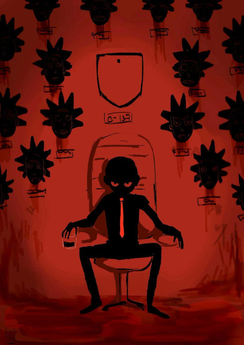 Evil Morty 桌布 壁紙 — 一個穿著西裝的男人的黑色剪影坐在椅子上，拿著一個玻璃杯，背景是血紅色的牆壁，牆上佈滿重複的戴面具的臉孔。