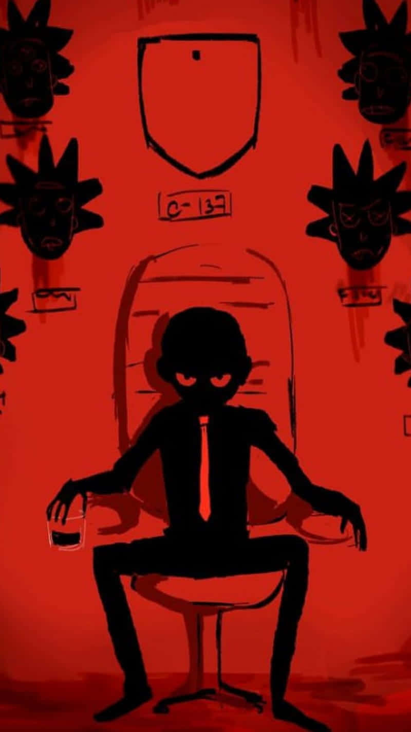 Evil Morty 桌布 壁紙 — 一個穿著西裝的男人的黑色剪影坐在椅子上，背景是血紅色的牆壁，上面覆蓋著不祥的面具和符號。