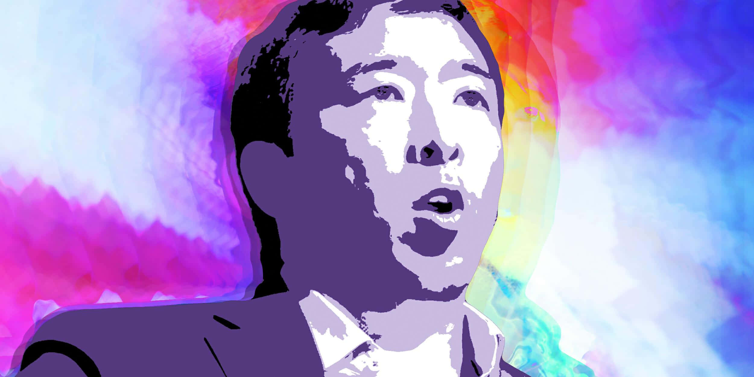 政治 桌布 壁紙 — 一個穿著西裝的男士的風格化肖像，背景是充滿活力的紫色、粉紅色和藍色抽象色調。