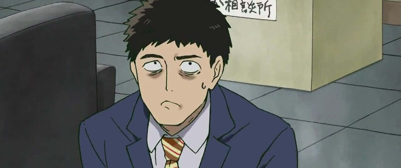 Katsuya Serizawa 桌布 壁紙 — 一個穿著西裝的疲憊動漫男孩，在瓷磚房間裡垂頭喪氣地坐著，眼神疲倦，表情低落。