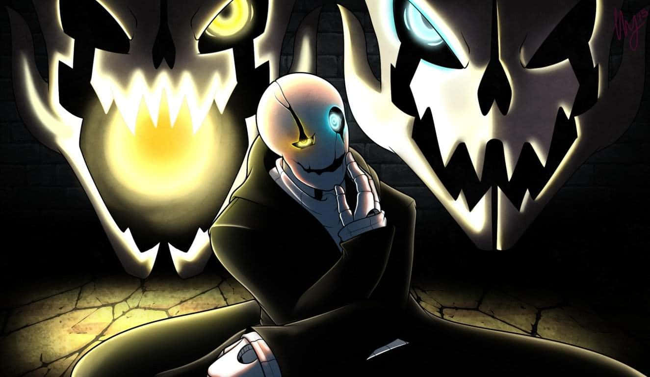 sans 桌布 壁紙 — 一個穿著西裝的骷髏動漫角色平靜地坐著，而兩個發光的怪物頭骨在他身後黑暗的石室中若隱若現。