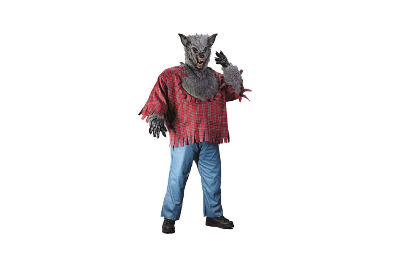 Werewolf Costumes 桌布 壁紙 — 一個穿著詳細狼人服裝、灰色毛髮的人，穿著紅色格仔恤衫和藍色牛仔褲，正在咆哮。