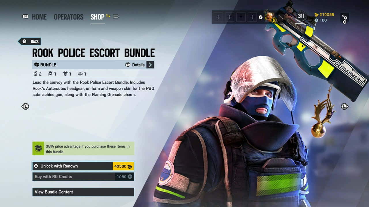 Rainbow Six Siege Rook 桌布 壁紙 — 一個穿著警察裝備的電子遊戲角色，在數碼商店界面背景前手持發光武器。