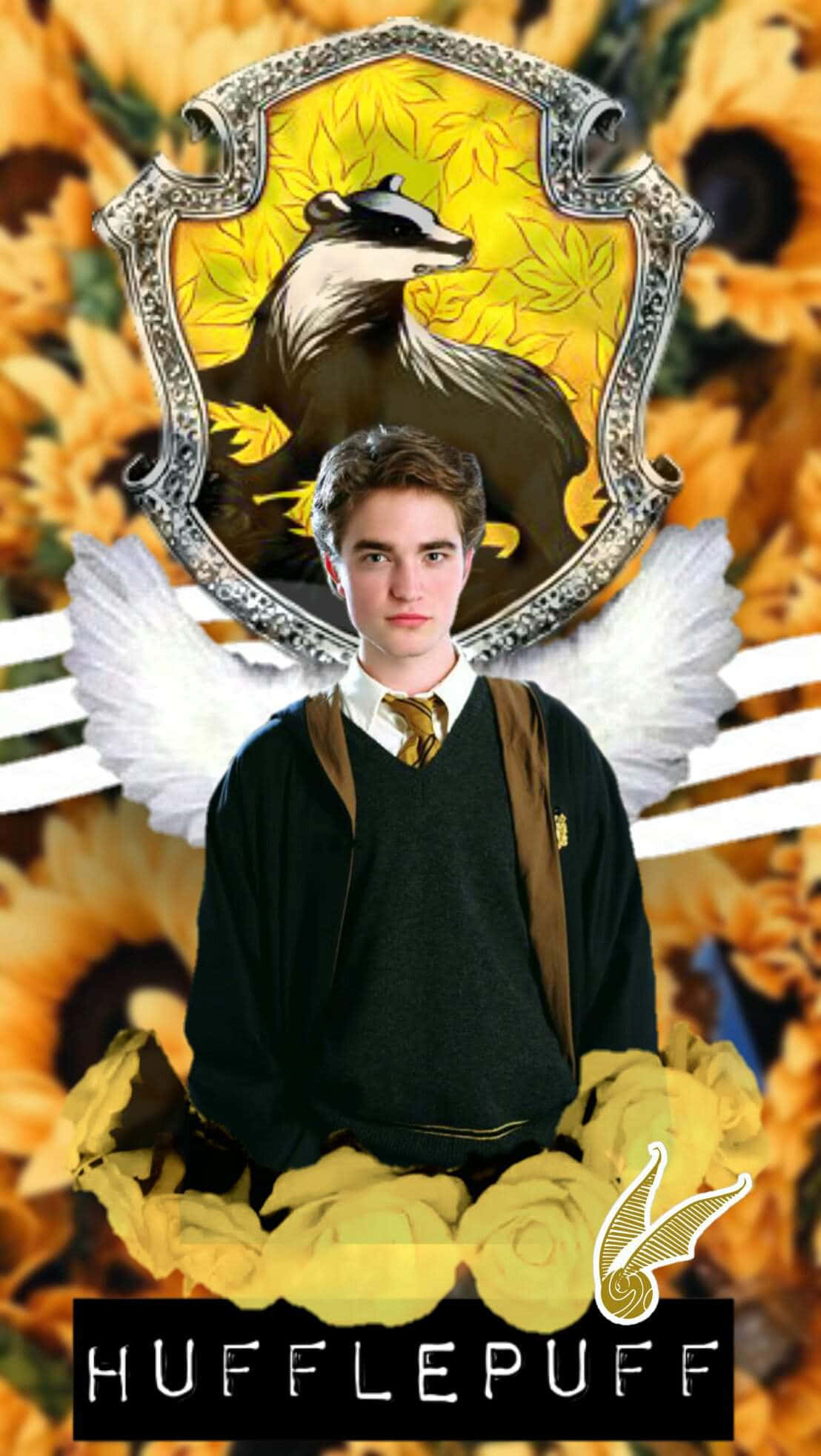 hufflepuff 桌布 壁紙 — 一個穿著赫夫帕夫長袍的年輕男子站在一個帶有獾圖案的金色盾牌前，周圍環繞著向日葵和白色翅膀。