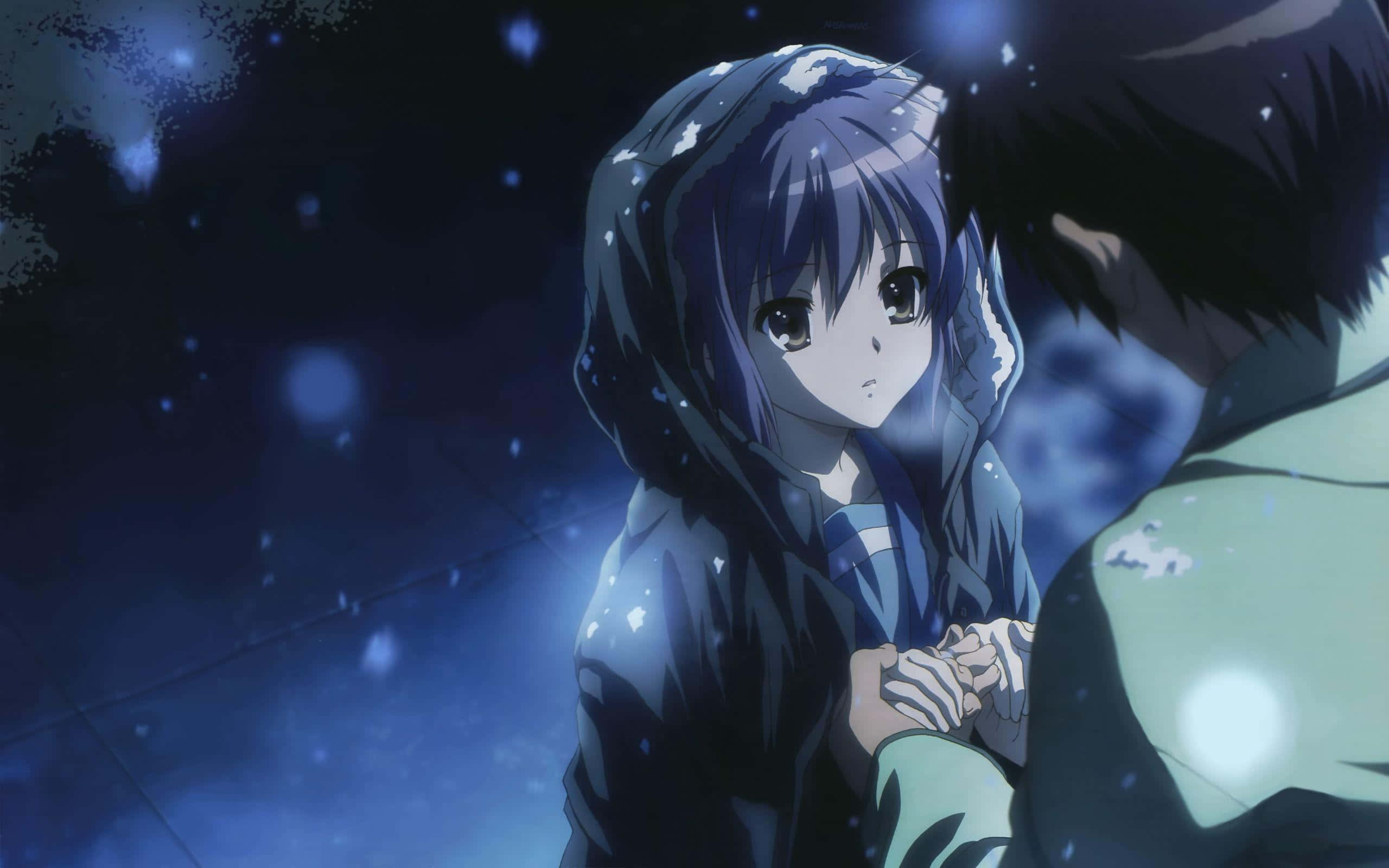 Haruhi Suzumiya 桌布 壁紙 — 一個穿著連帽外套的年輕動漫女孩，在星光燦爛的夜空下，與一個男孩手牽手，周圍有發光的藍色粒子。