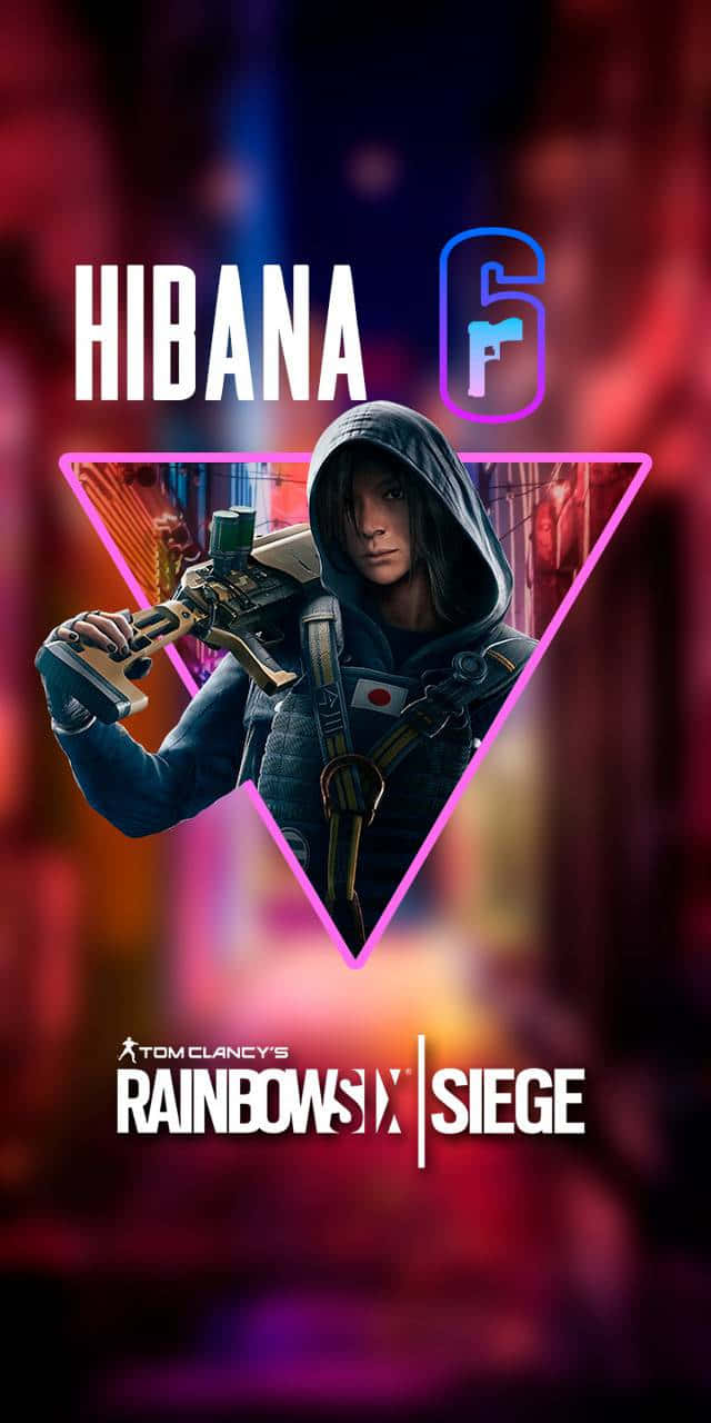 Hibana R6 桌布 壁紙 — 一個穿著連帽服裝的角色在發光的粉紅色三角形內手持武器，背景是充滿活力的霓虹城市。