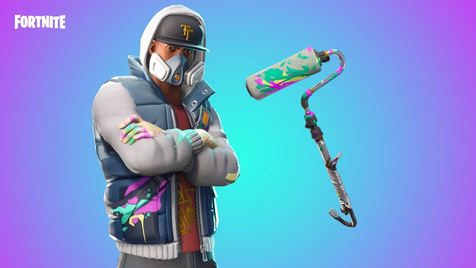 Fortnite 桌布 壁紙 — 一個穿著連帽衫和面具的 Fortnite 角色自信地交叉雙臂站在一個沾滿油漆的滾筒旁邊，背景是充滿活力的漸變色。
