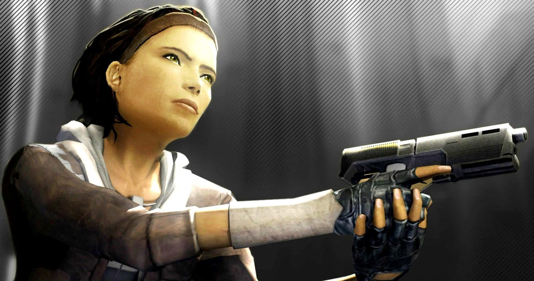 Half-life Characters 桌布 壁紙 — 一個穿著連帽衫的堅定女性角色，在深色斜紋背景前瞄準一把手槍。