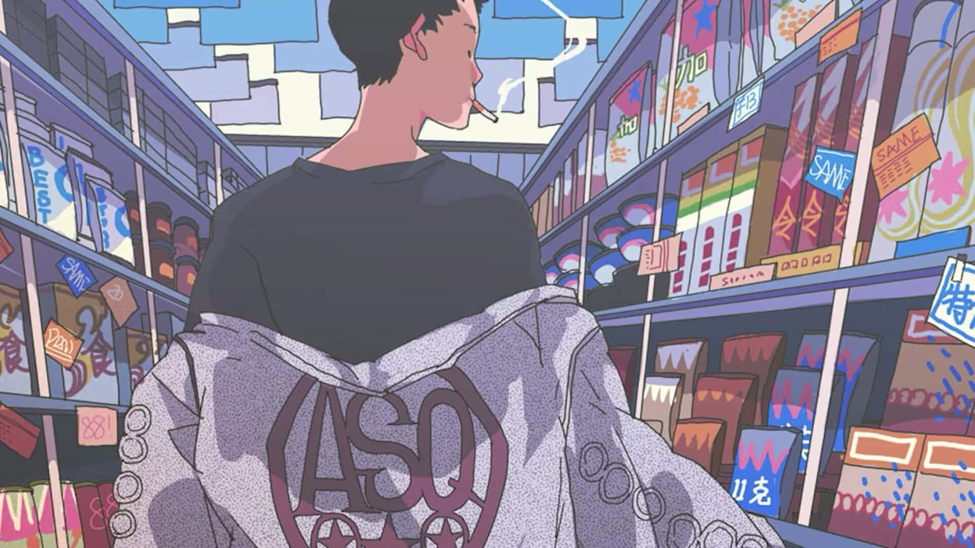 復古美學 桌布 壁紙 — 一個穿著連帽衫的年輕男子在色彩鮮豔的動漫風格超市通道中吸煙。