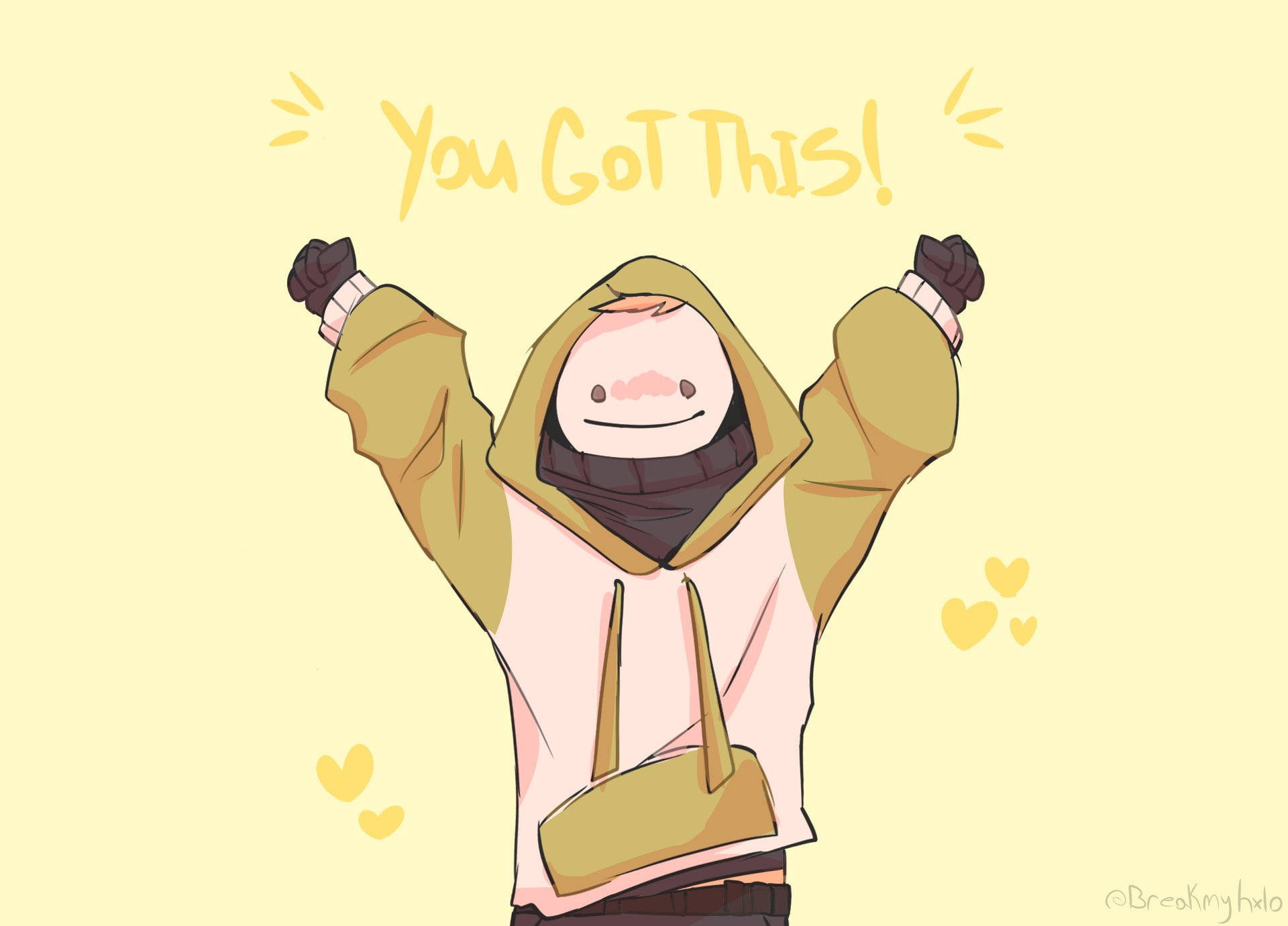 遊戲 桌布 壁紙 — 一個穿著連帽衫的開朗動漫角色在「You Got This!」文字下高舉拳頭，周圍有漂浮的心形。