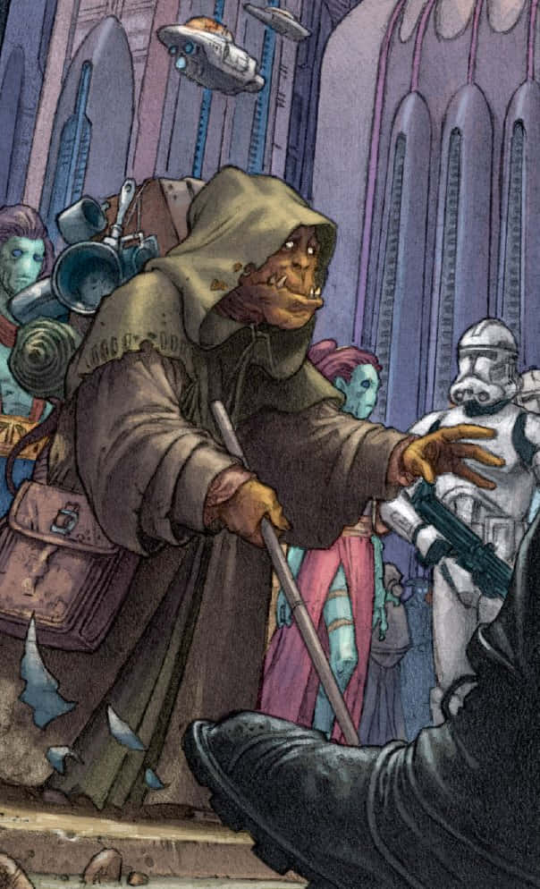 The Great Jedi Purge 桌布 壁紙 — 一個穿著連帽長袍的灰白髮外星人在熙熙攘攘的科幻市場中，對著暴風兵和飛行車輛憤怒地比劃手勢。