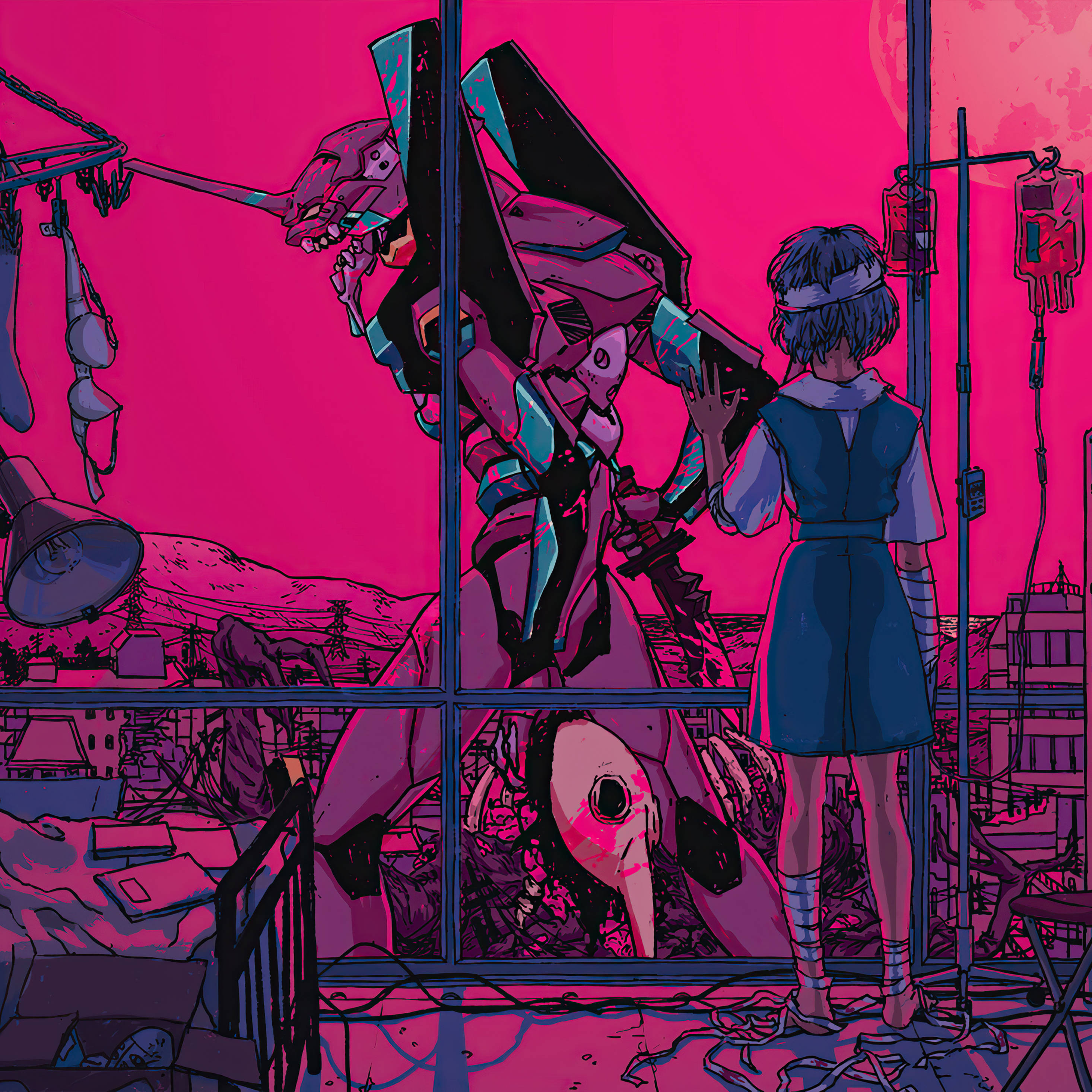 rei ayanami 桌布 壁紙 — 一個穿著醫院袍的女孩站在窗邊，看著外面廢墟城市中的一個巨大粉紅色和藍綠色機甲。