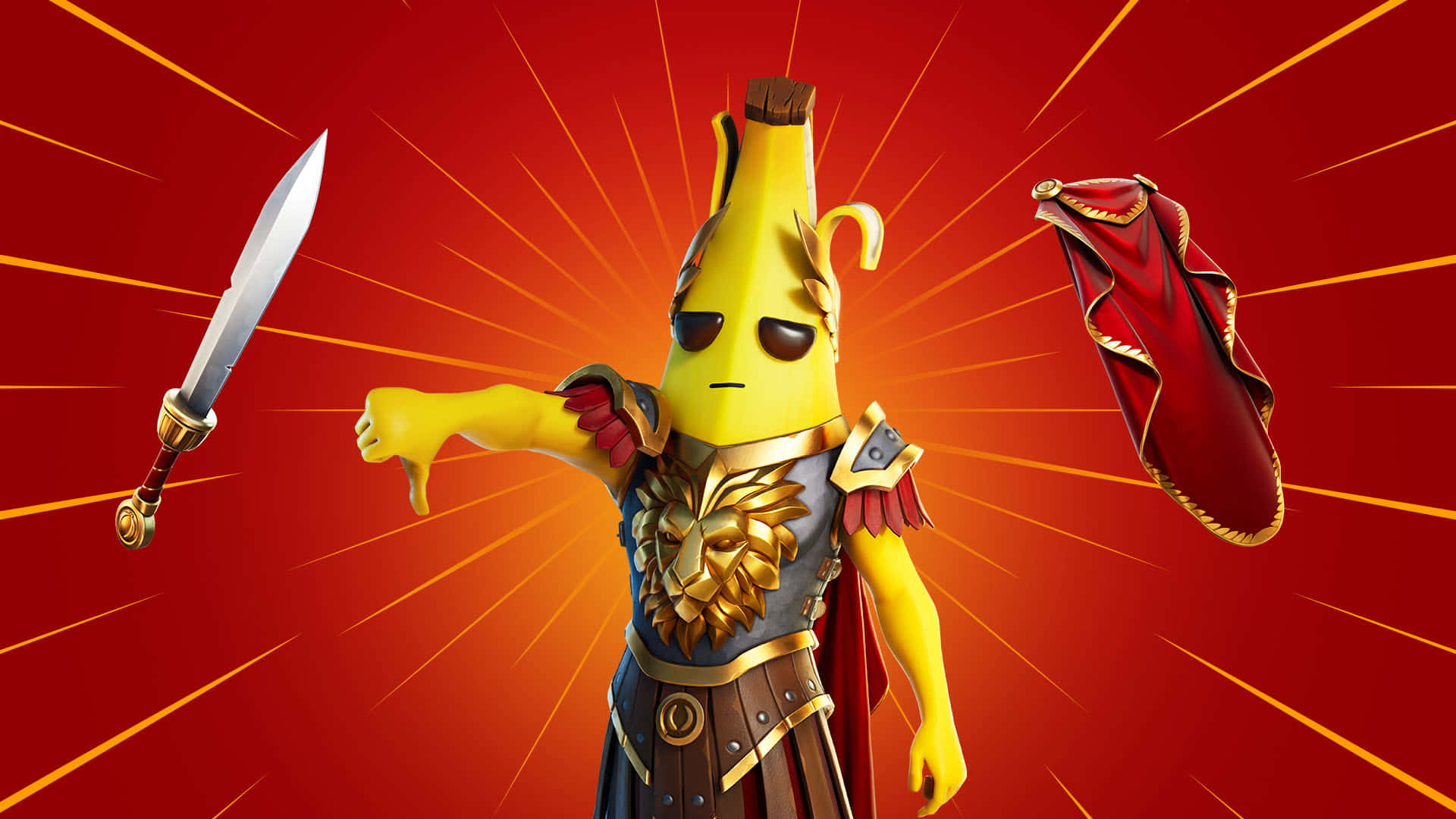 Peely Fortnite 桌布 壁紙 — 一個穿著金色盔甲和紅色斗篷的香蕉角色，在帶有黃色射線的耀眼紅色背景前擺出英雄姿勢。
