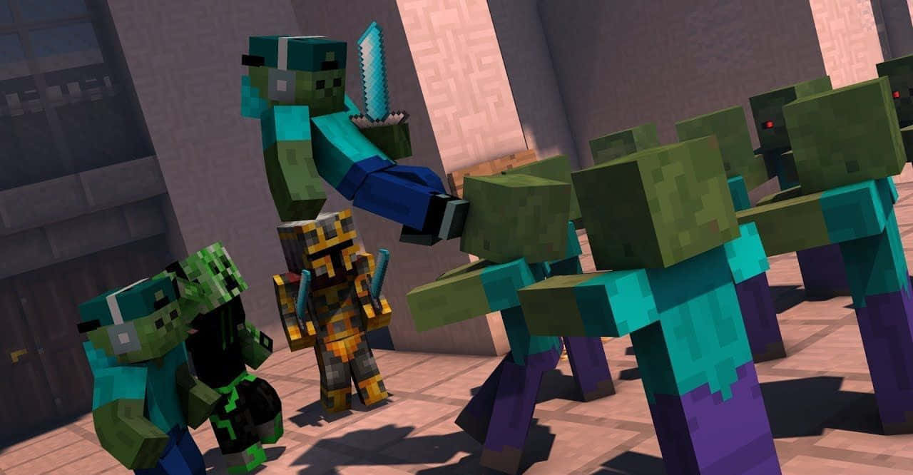 Minecraft Zombie 桌布 壁紙 — 一個穿著金色盔甲的Minecraft玩家喺一個方塊石頭庭院入面同像素化嘅喪屍同骷髏戰鬥。