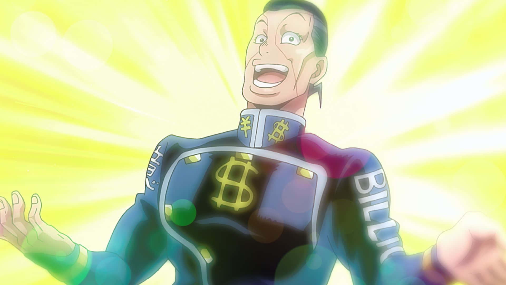 Okuyasu Nijimura 桌布 壁紙 — 一個穿著金錢主題西裝的動漫角色在明亮的黃色背景前洋溢著喜悅。