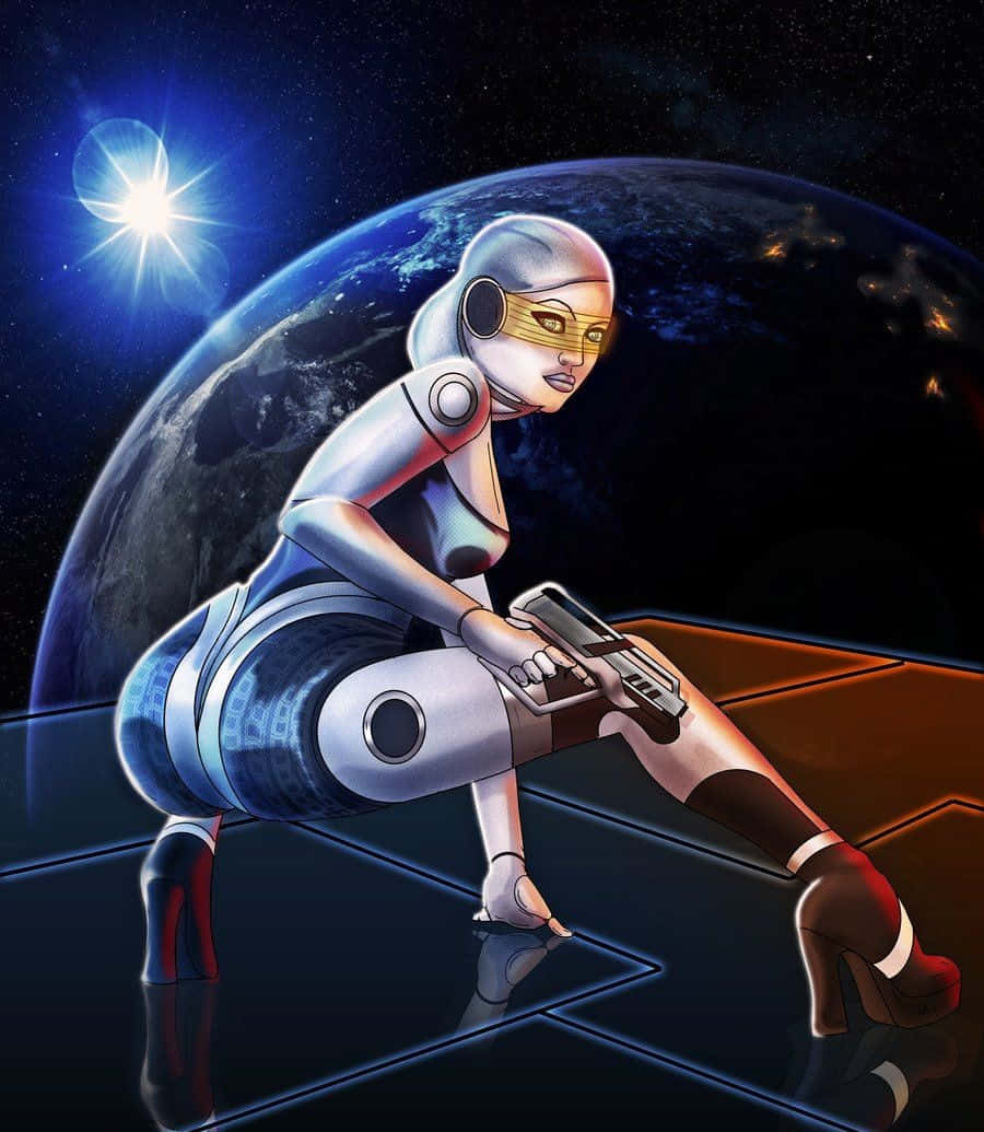 Mass Effect Edi 桌布 壁紙 — 一個穿著銀色盔甲的未來女性機械人蹲在反光平台上，手持手槍，身後有地球和一顆明亮的星星。