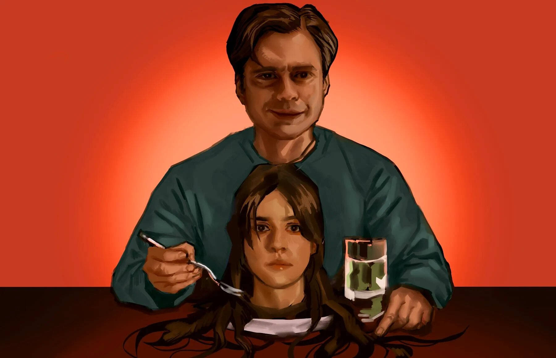 清新 桌布 壁紙 — 一個穿著青綠色襯衫的男人拿著叉子和玻璃杯，在發光的紅色背景前俯身靠近一個坐在桌邊的女孩。