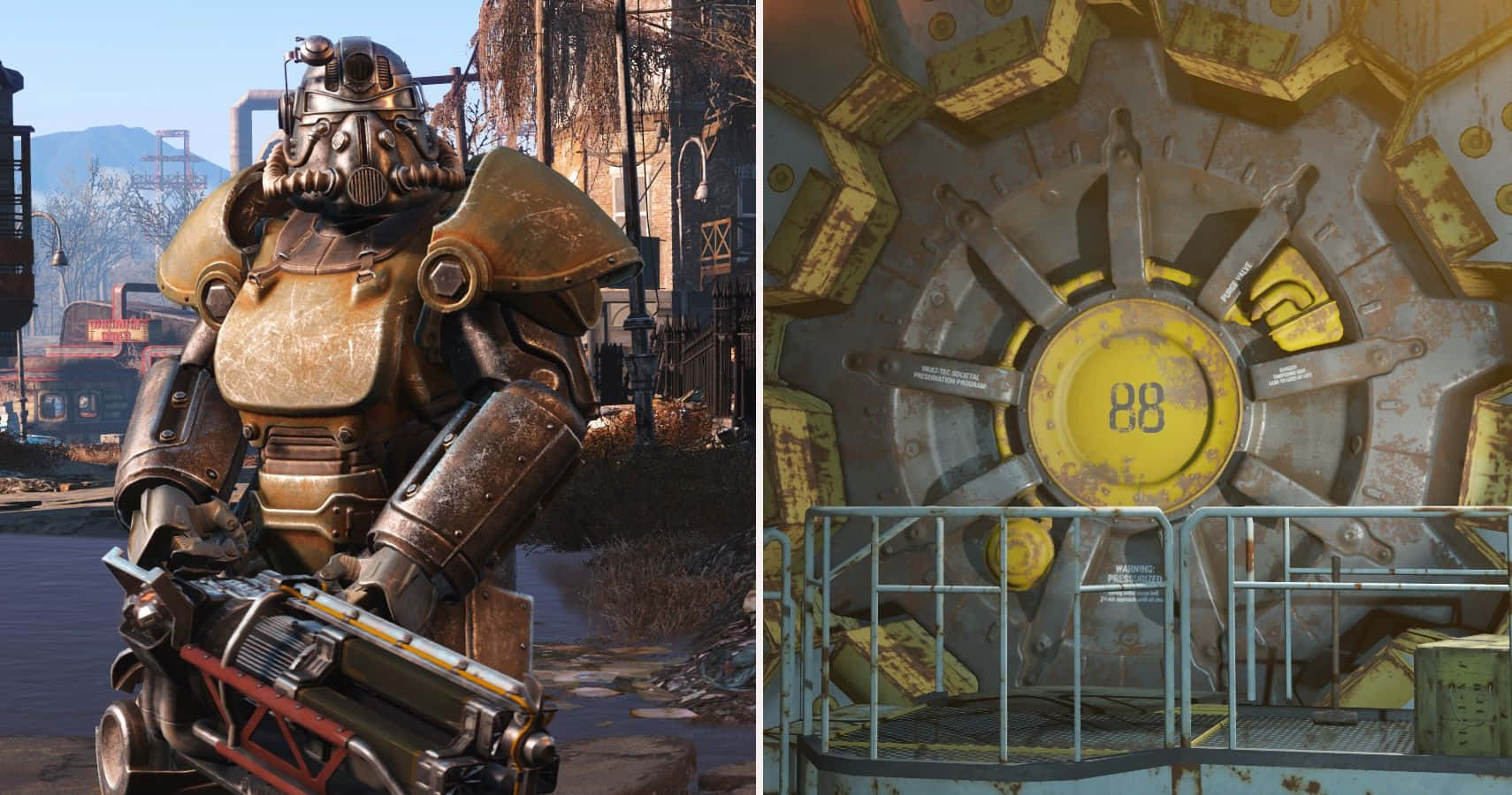 Fallout 4 Vault 桌布 壁紙 — 一個穿著風化動力裝甲的身影站在一扇鏽蝕的、標有88的金庫門前，背景是後末日荒原。