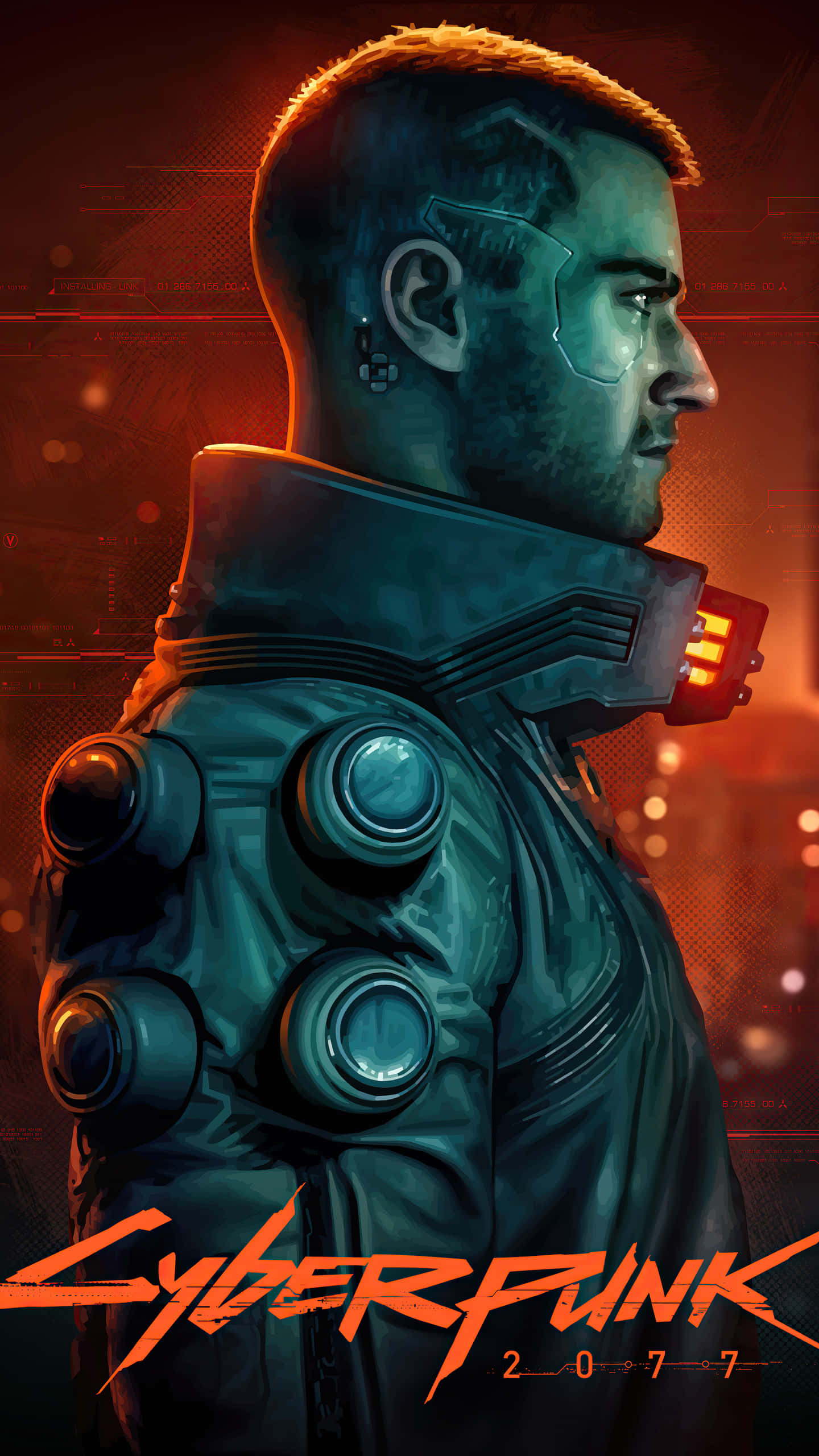 Cyberpunk 2077 Characters 桌布 壁紙 — 一個穿著高科技裝甲外套的賽博龐克男子，在紅色霓虹燈下閃耀著未來風格的介面細節。