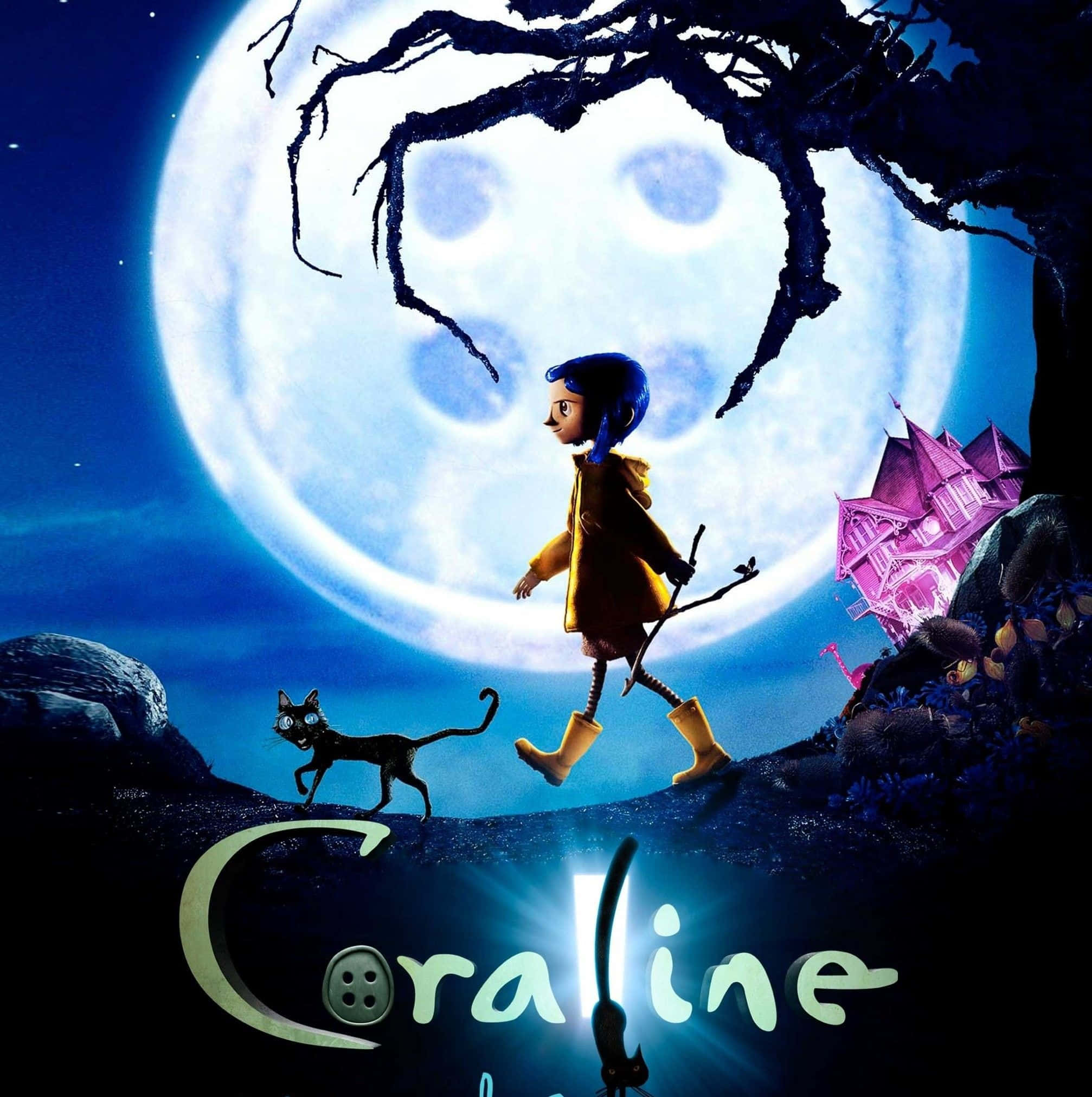 Coraline 桌布 壁紙 — 一個穿著黃色外套的小女孩，在扭曲樹枝框住的巨大月亮下，與一隻黑貓同行。