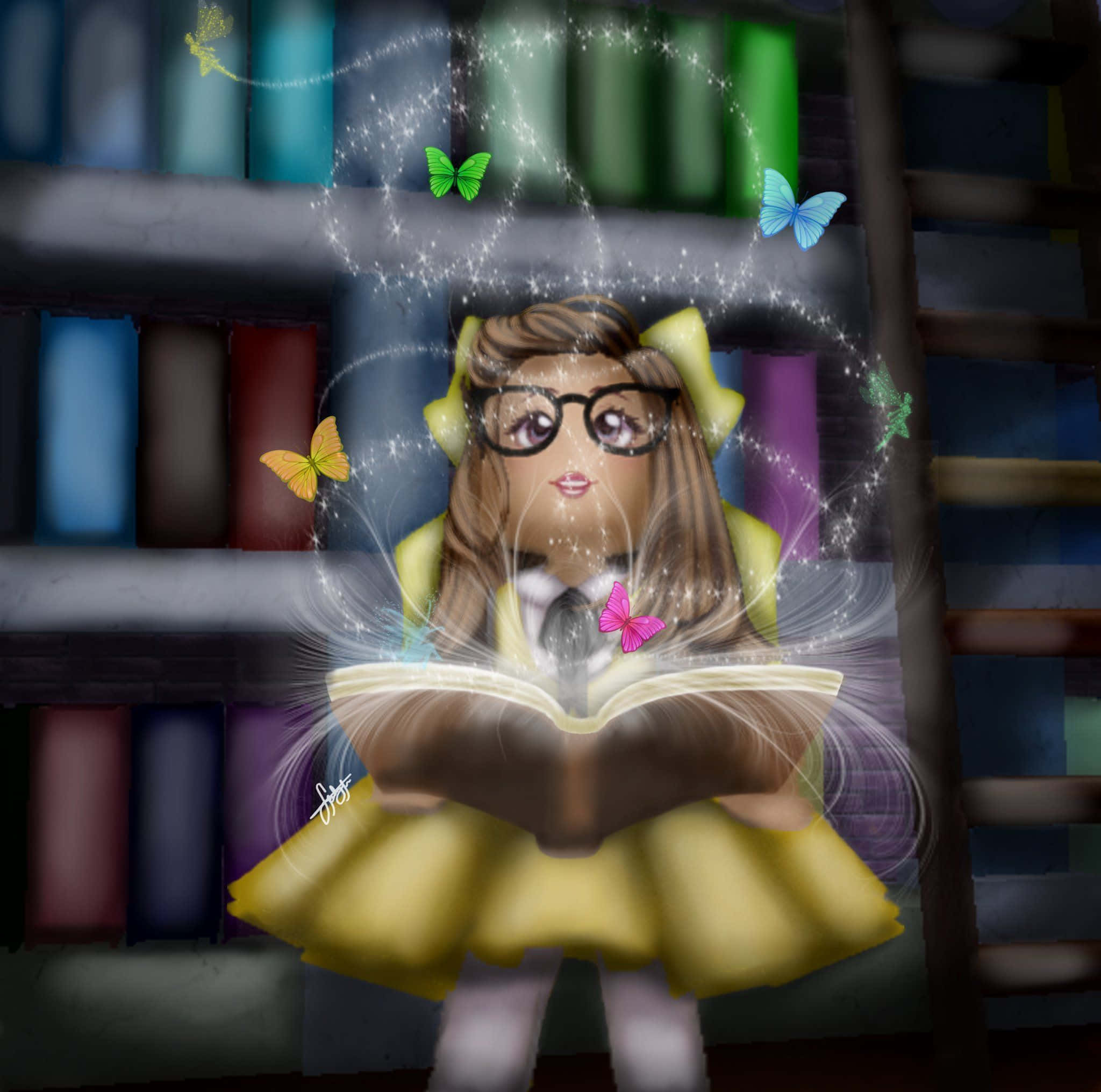 Roblox Aesthetic 桌布 壁紙 — 一個穿著黃色連衣裙和眼鏡的小女孩在圖書館裡讀著一本發光的書，色彩繽紛的蝴蝶在她頭頂盤旋。