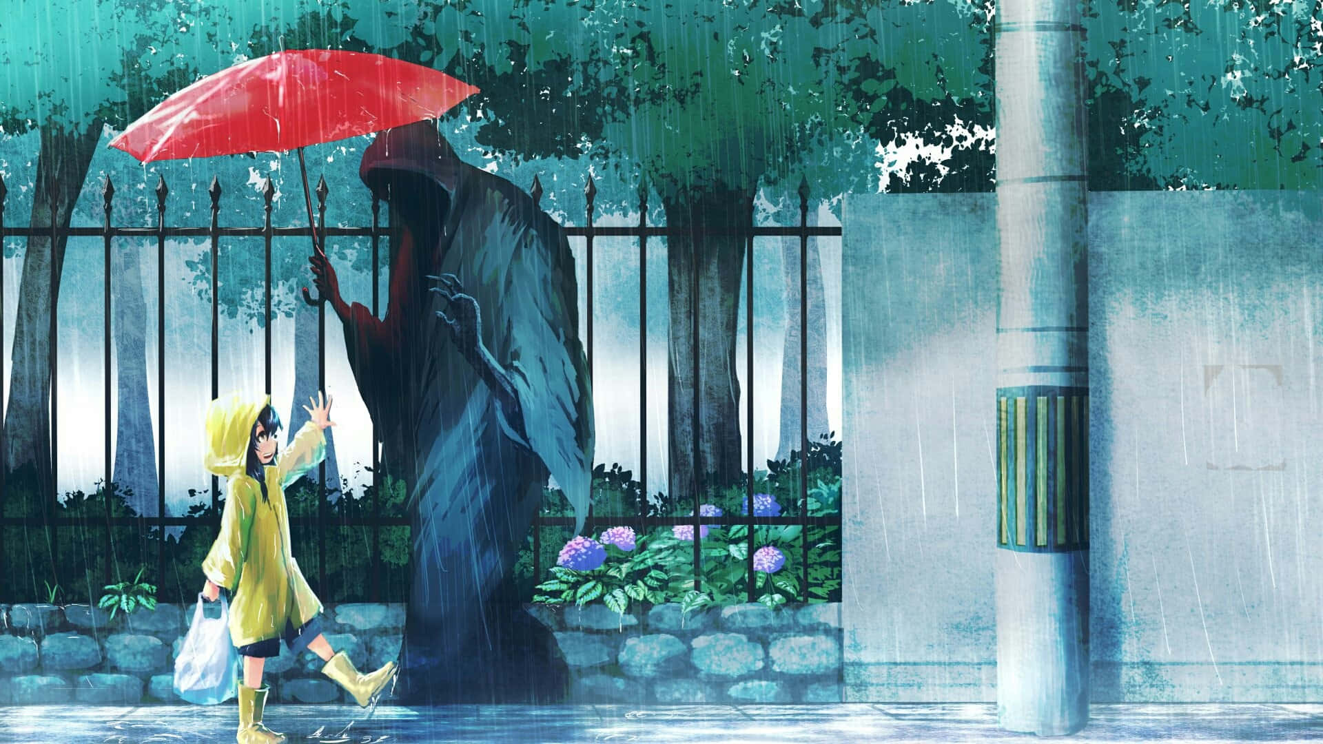 Yellow Raincoat 桌布 壁紙 — 一個穿著黃色雨衣的小孩在雨中城市小巷裡，向一個拿著紅色雨傘的神秘戴帽人物伸出手。