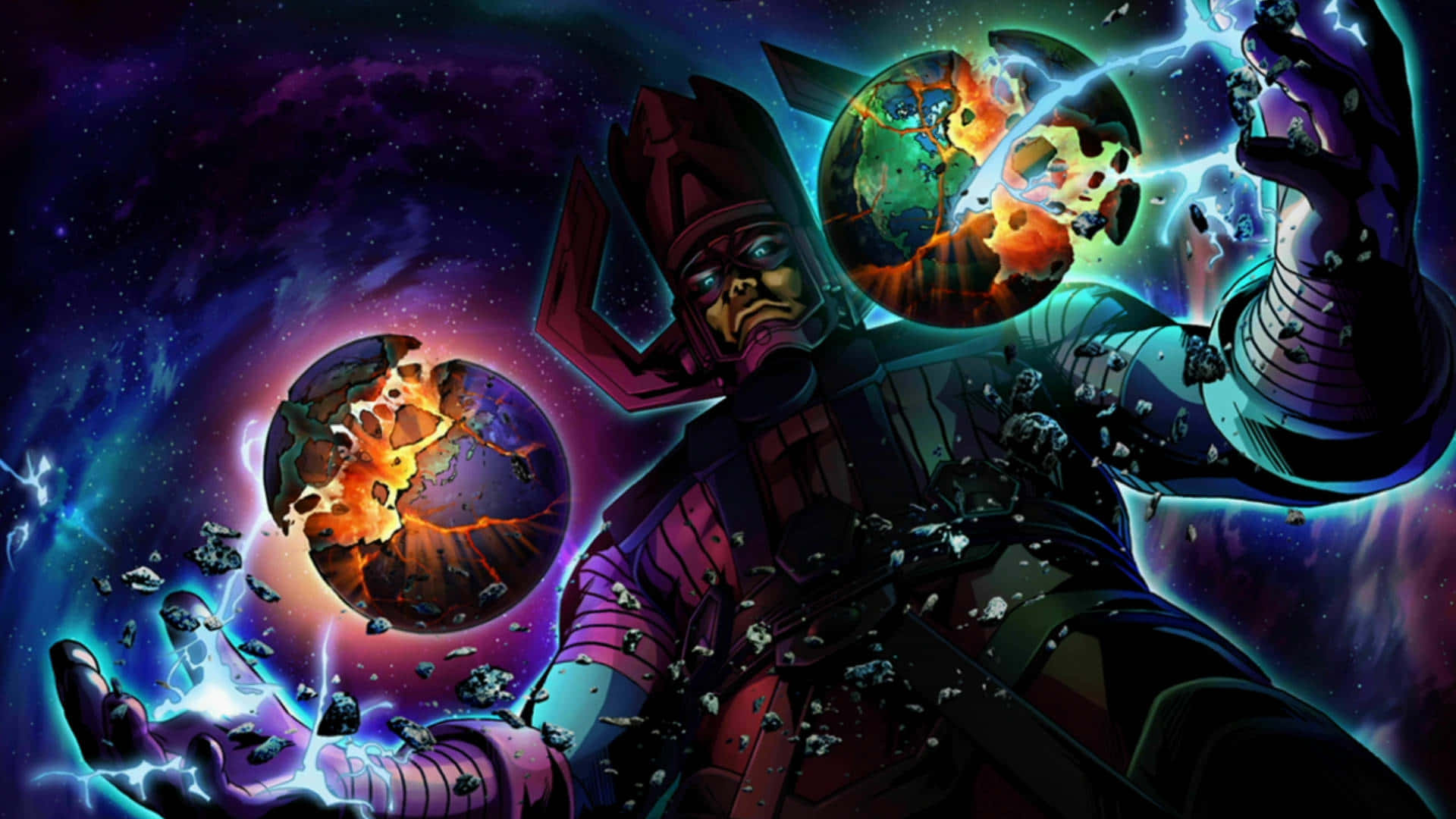 Marvel Vs Capcom Characters 桌布 壁紙 — 一個穿著黑暗盔甲的宇宙反派，在充滿活力的星空虛空中，用發光的能量操控破碎的行星。