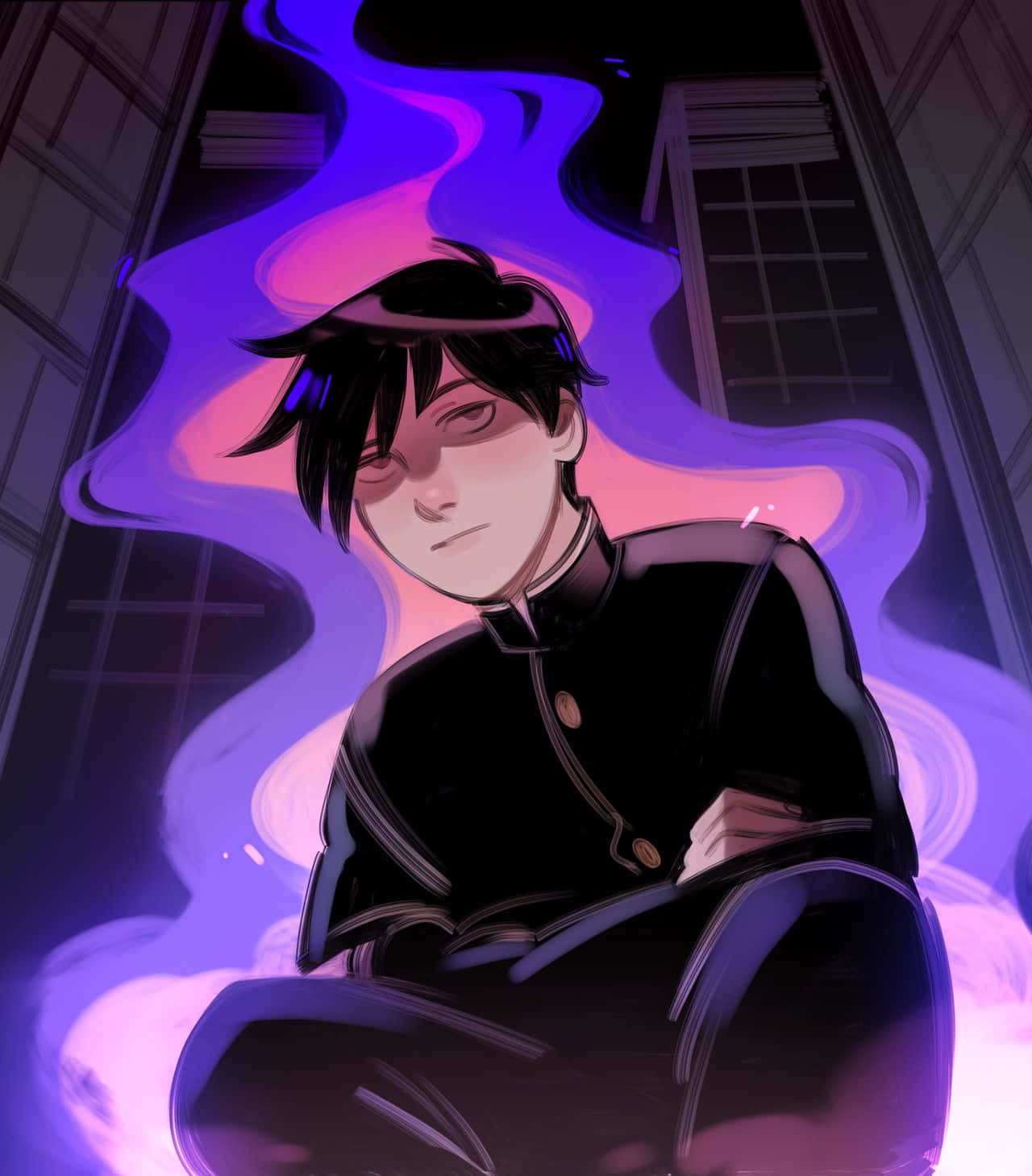 Ritsu Kageyama 桌布 壁紙 — 一個穿著黑色制服嘅年輕動漫男仔靜靜咁坐喺度，喺燈光昏暗嘅走廊入面，旋轉嘅紫色同粉紅色能量圍住佢流動。