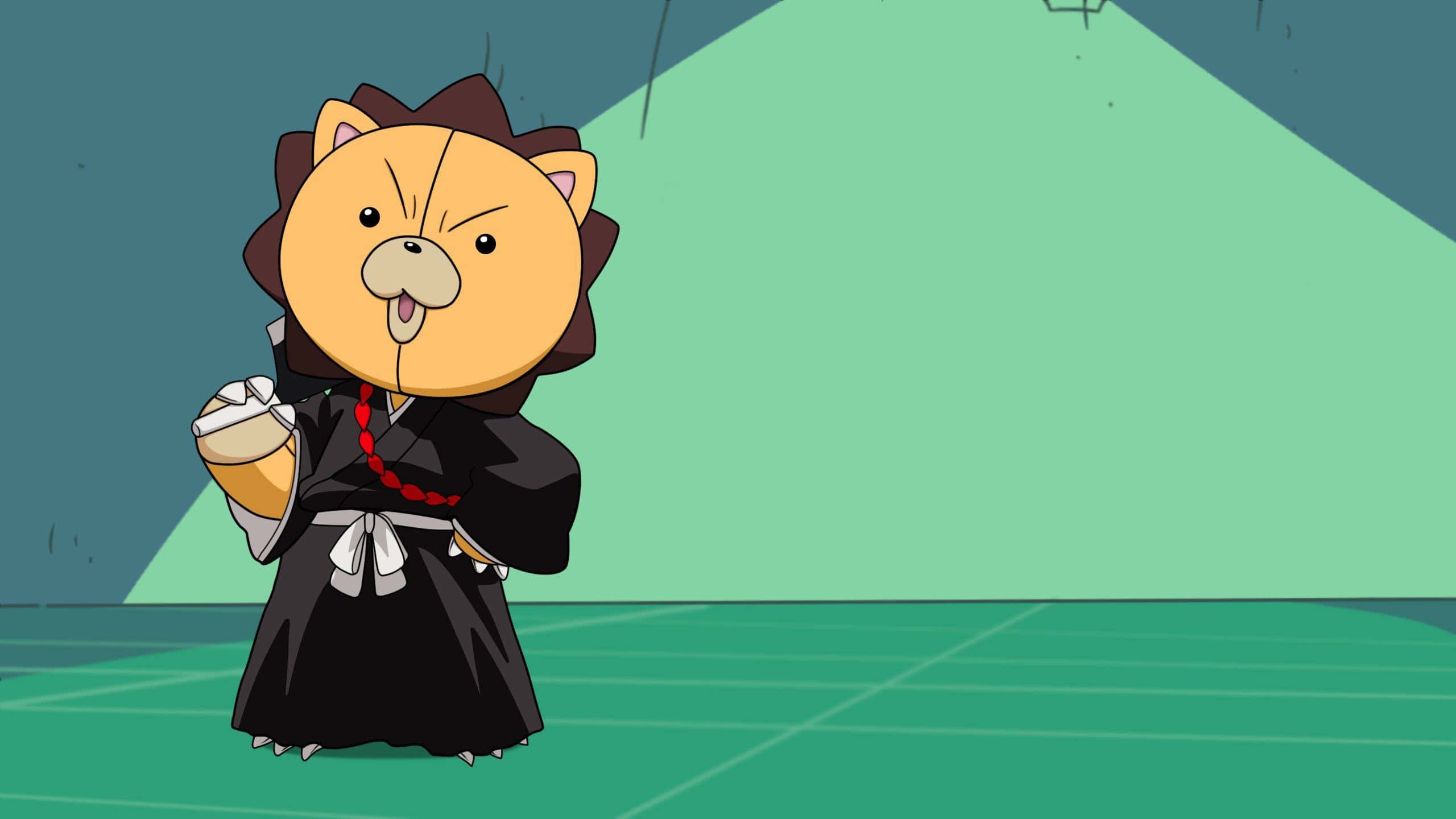Bleach Kon 桌布 壁紙 — 一個穿著黑色和服的卡通獅子角色，站在綠色網格地板上，背景為藍綠色，手持一個杯子。