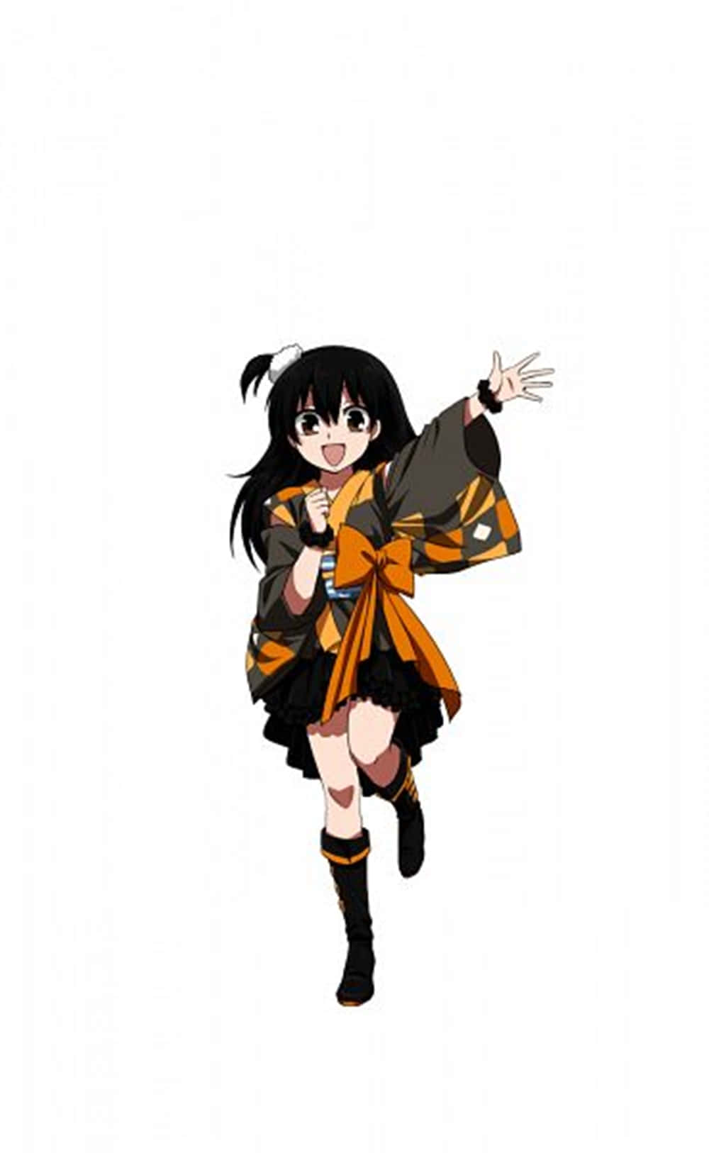 Inuyasha Rin 桌布 壁紙 — 一個穿著黑色和橙色和服的開朗動漫女孩在純白色背景前快樂地揮手。