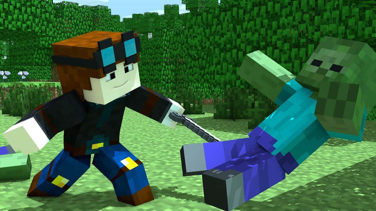 Minecraft Youtubers 桌布 壁紙 — 一個穿著黑色和藍色服裝的Minecraft玩家在像素化草地上用劍與殭屍戰鬥。