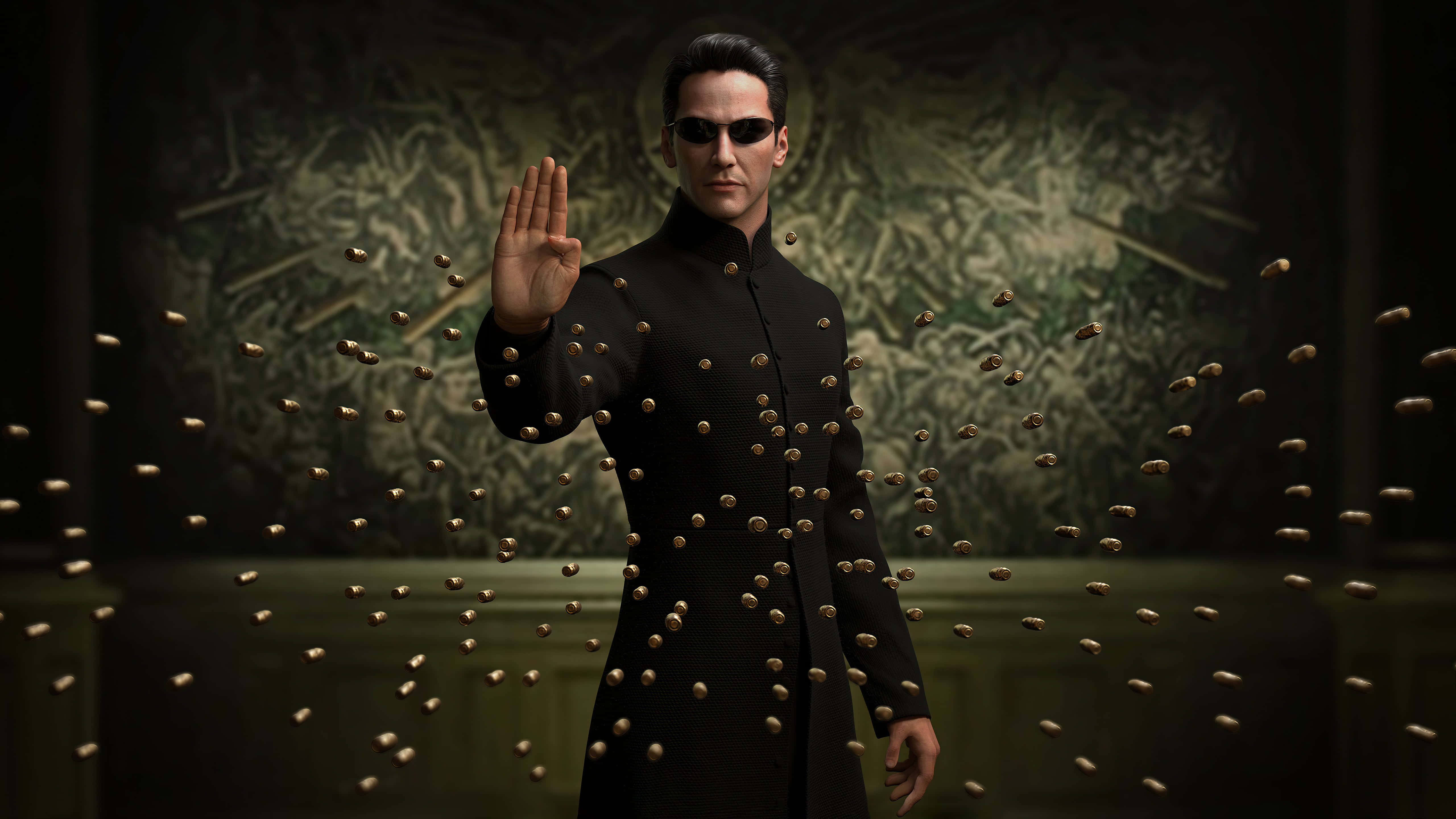 Keanu Reeves 桌布 壁紙 — 一個穿著黑色外套和太陽眼鏡的男人，用手擋住掉落的硬幣，背景是綠色圖案牆壁。