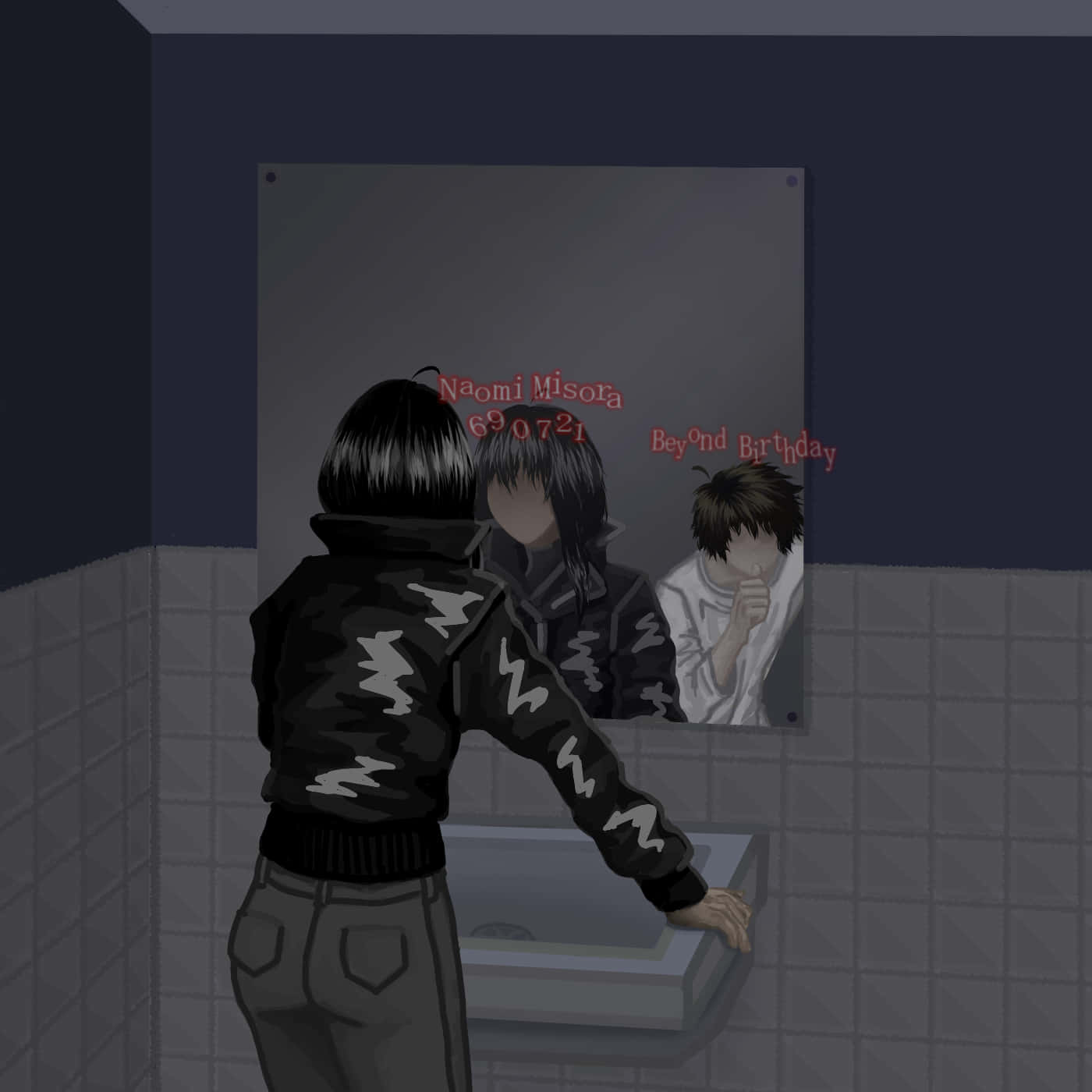 Naomi Misora 桌布 壁紙 — 一個穿著黑色外套的人站在瓷磚浴室裡，凝視著一張帶有紅色文字的動漫角色海報。