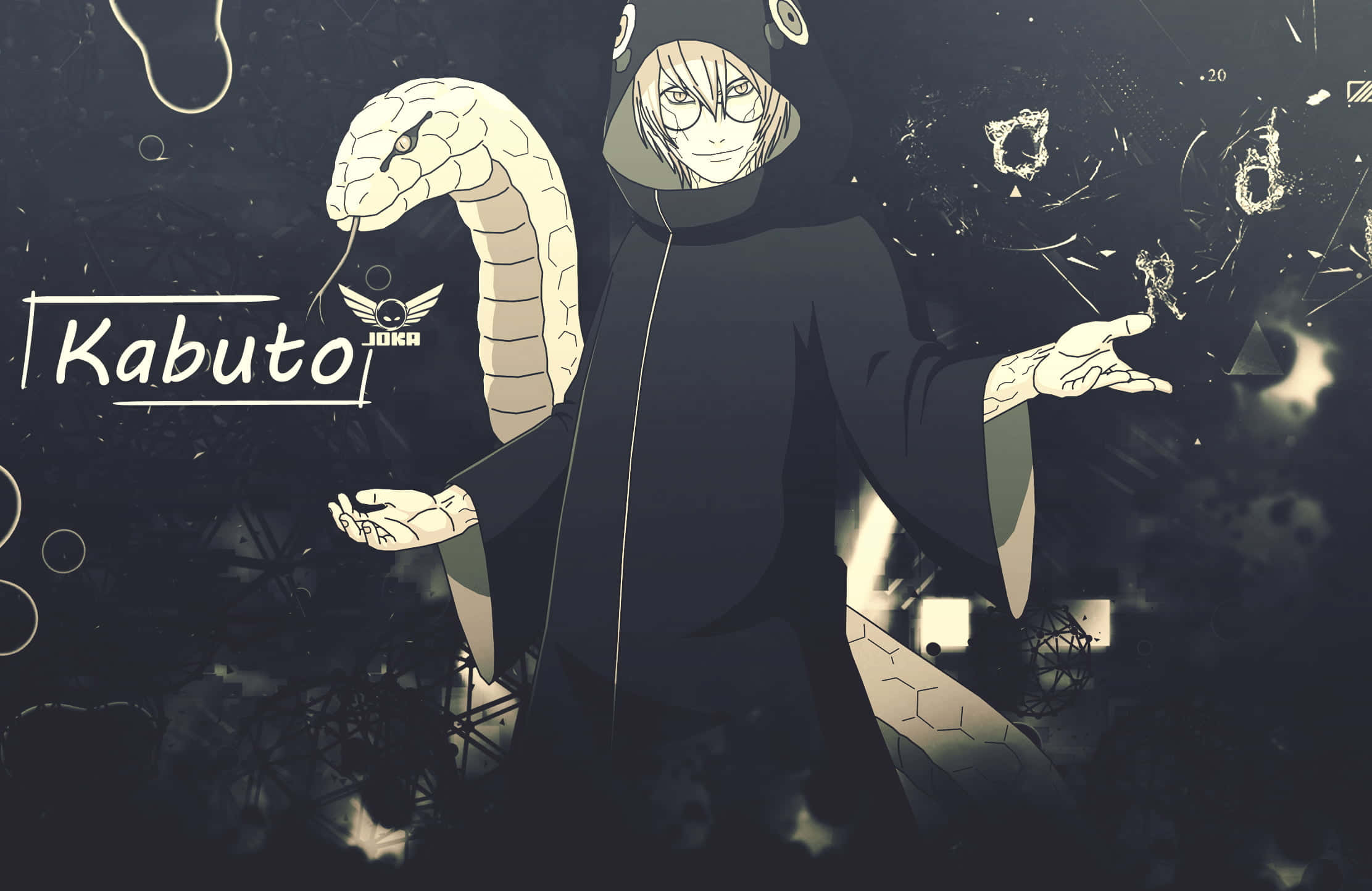 Kabuto Yakushi 桌布 壁紙 — 一個穿著黑色斗篷的動漫角色，在混亂的黑暗背景中抱著一條大白蛇，背景有發光的符號。
