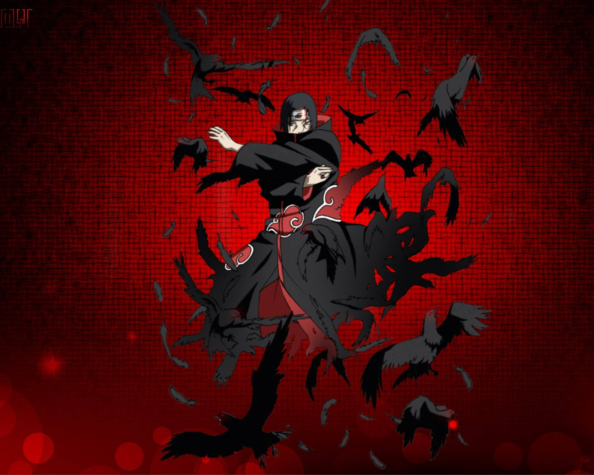 akatsuki itachi 桌布 壁紙 — 一個穿著黑色斗篷的動漫角色，在紋理紅色背景上被飛翔的烏鴉包圍。