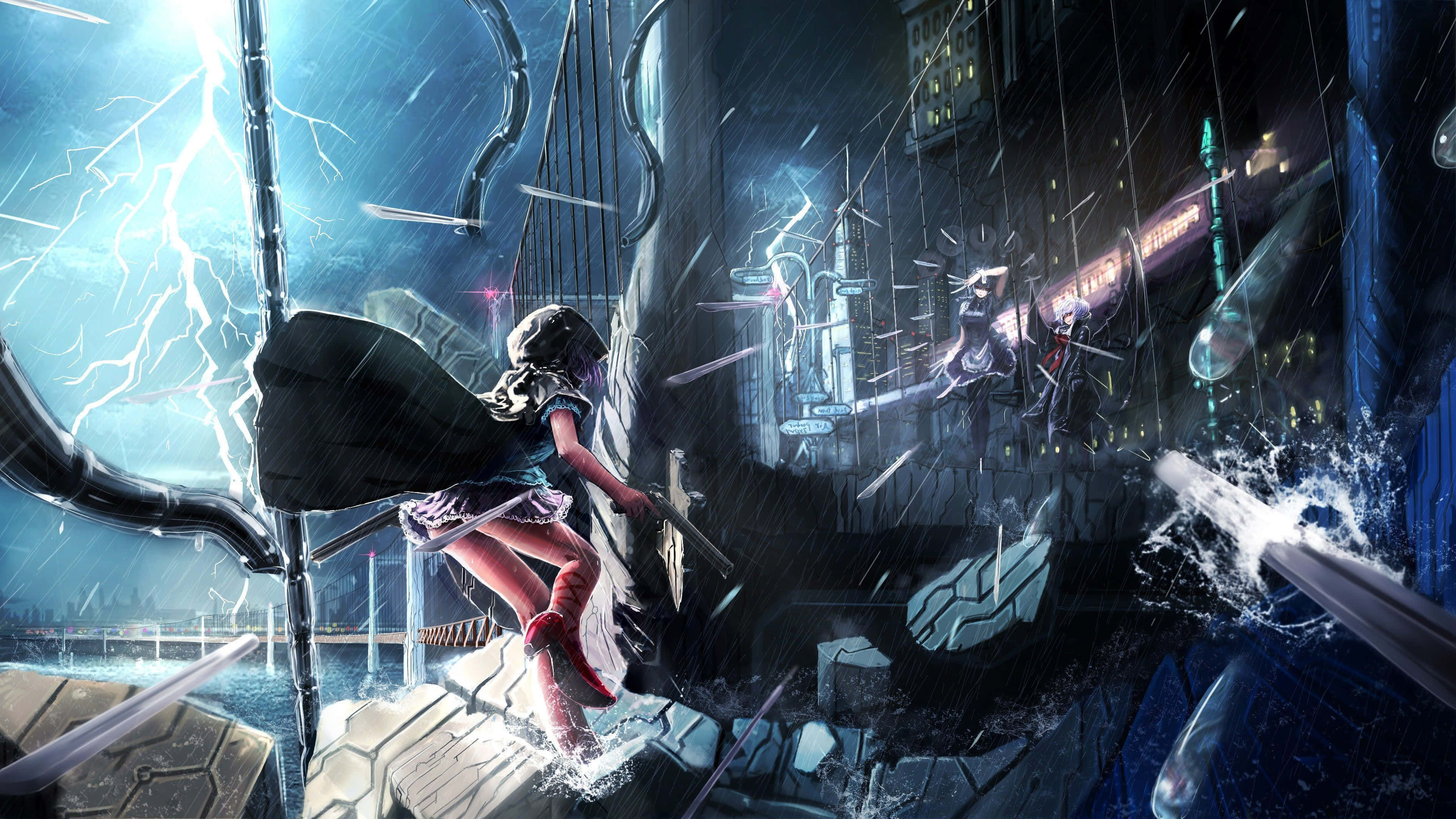 The Project 桌布 壁紙 — 一個穿著黑色斗篷的女孩在雷電交加、風雨交加的天空下，跳過破碎的城市景觀。