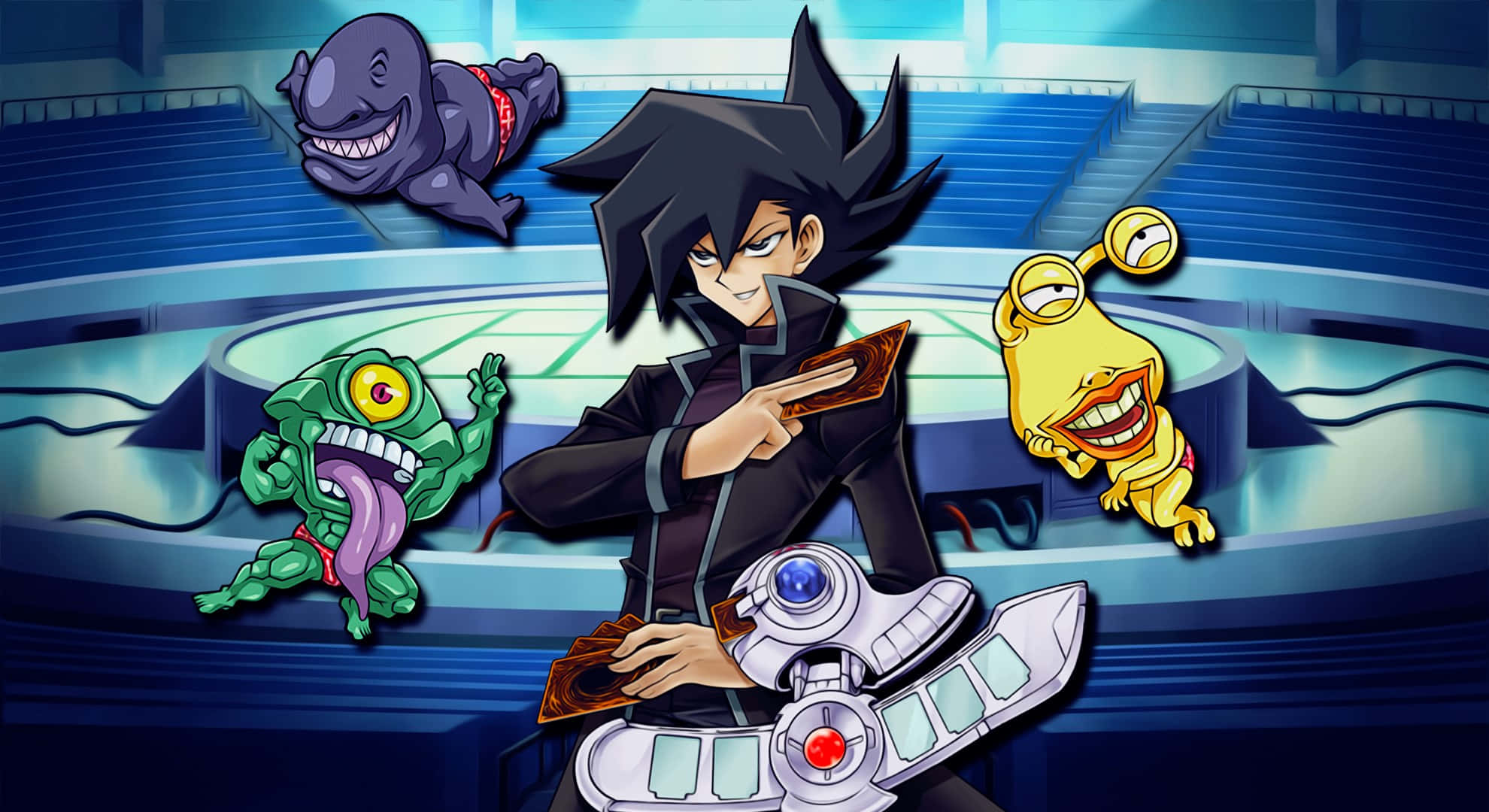 Chazz Princeton 桌布 壁紙 — 一個穿著黑色服裝的年輕動漫男孩在未來風格的競技場中手持卡牌，被三隻色彩繽紛的怪物生物包圍。