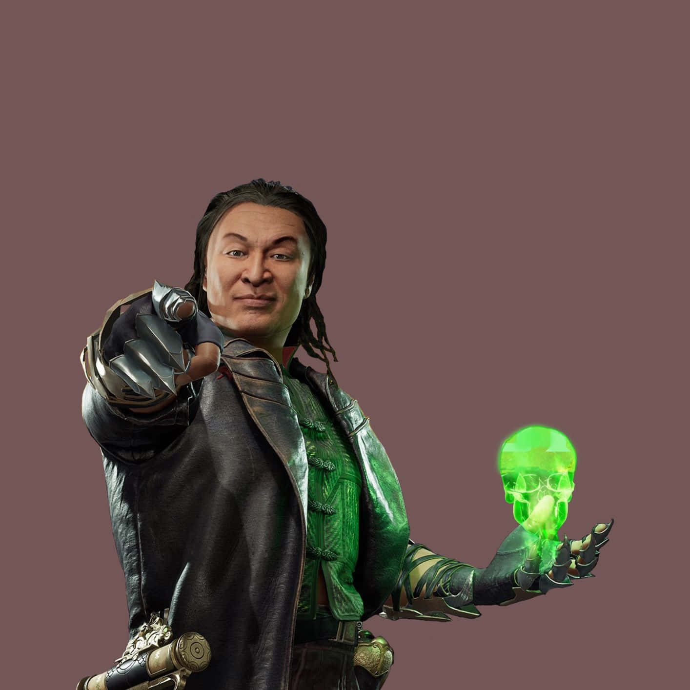 Mortal Kombat Shang Tsung 桌布 壁紙 — 一個穿著黑色皮衣的威嚇性電玩角色，一手向前指，另一手拿著發光的綠色頭骨。
