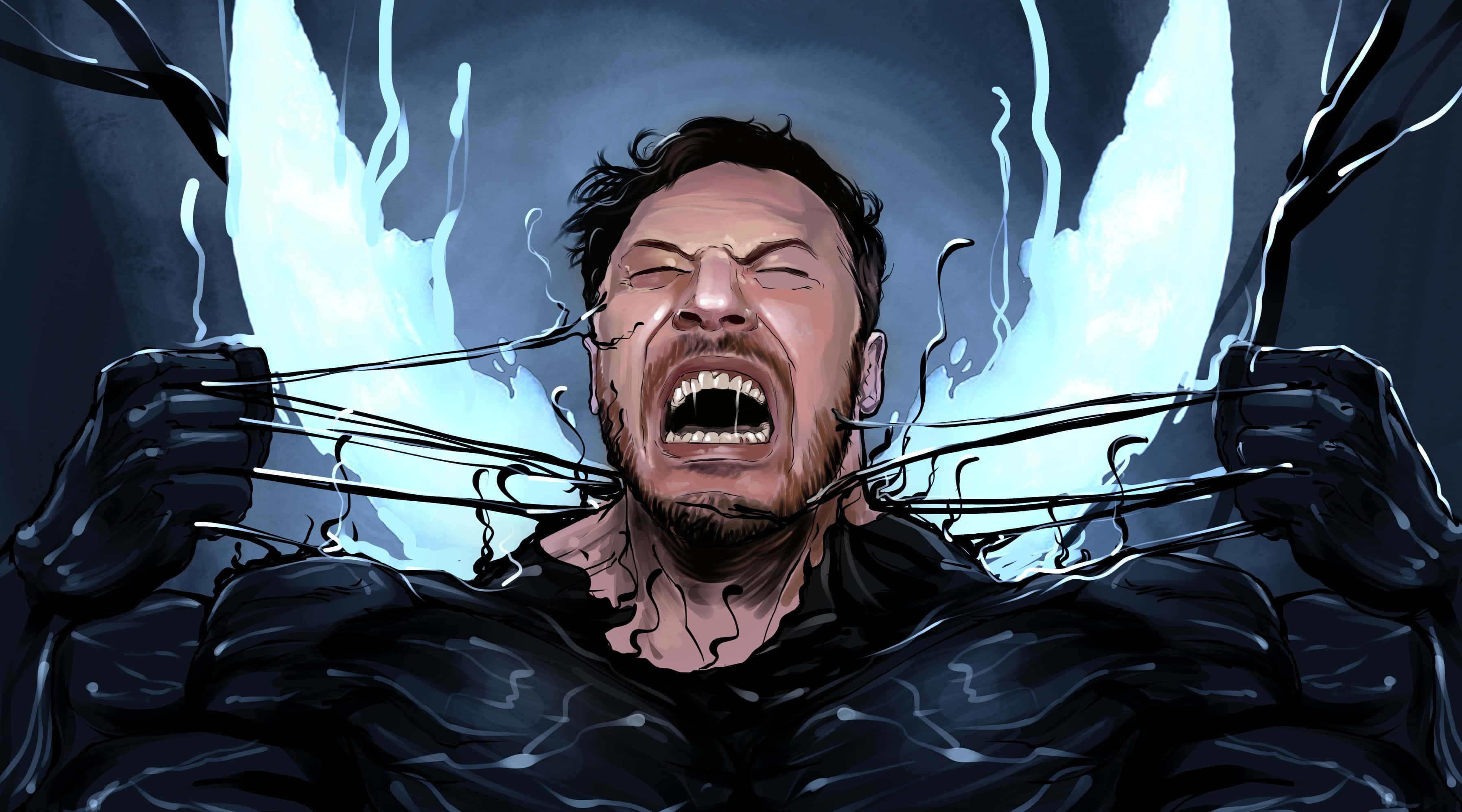 Tom Hardy Venom 桌布 壁紙 — 一個穿著黑色西裝的男人在黑暗暴風雨的背景下尖叫，發光的藍色觸手撕裂他的身體。