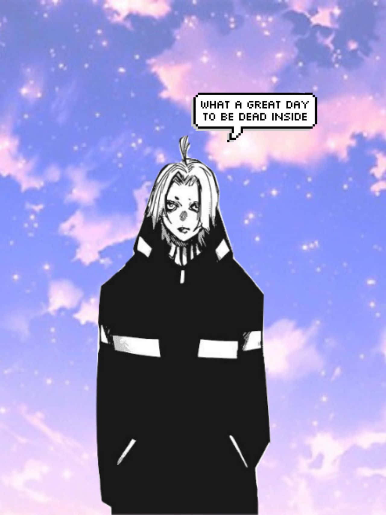 Seidou Takizawa 桌布 壁紙 — 一個穿著黑色連帽衫的像素藝術動漫角色，站在繁星點點的紫色天空下，對話框寫著「what a great day to be dead inside」。