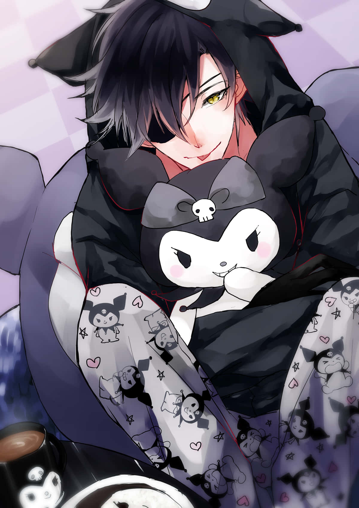 Kuromi Fanart 桌布 壁紙 — 一個穿著黑色連帽衫的年輕動漫男孩微笑著，在花紋毯子上抱著Kuromi毛絨玩具。