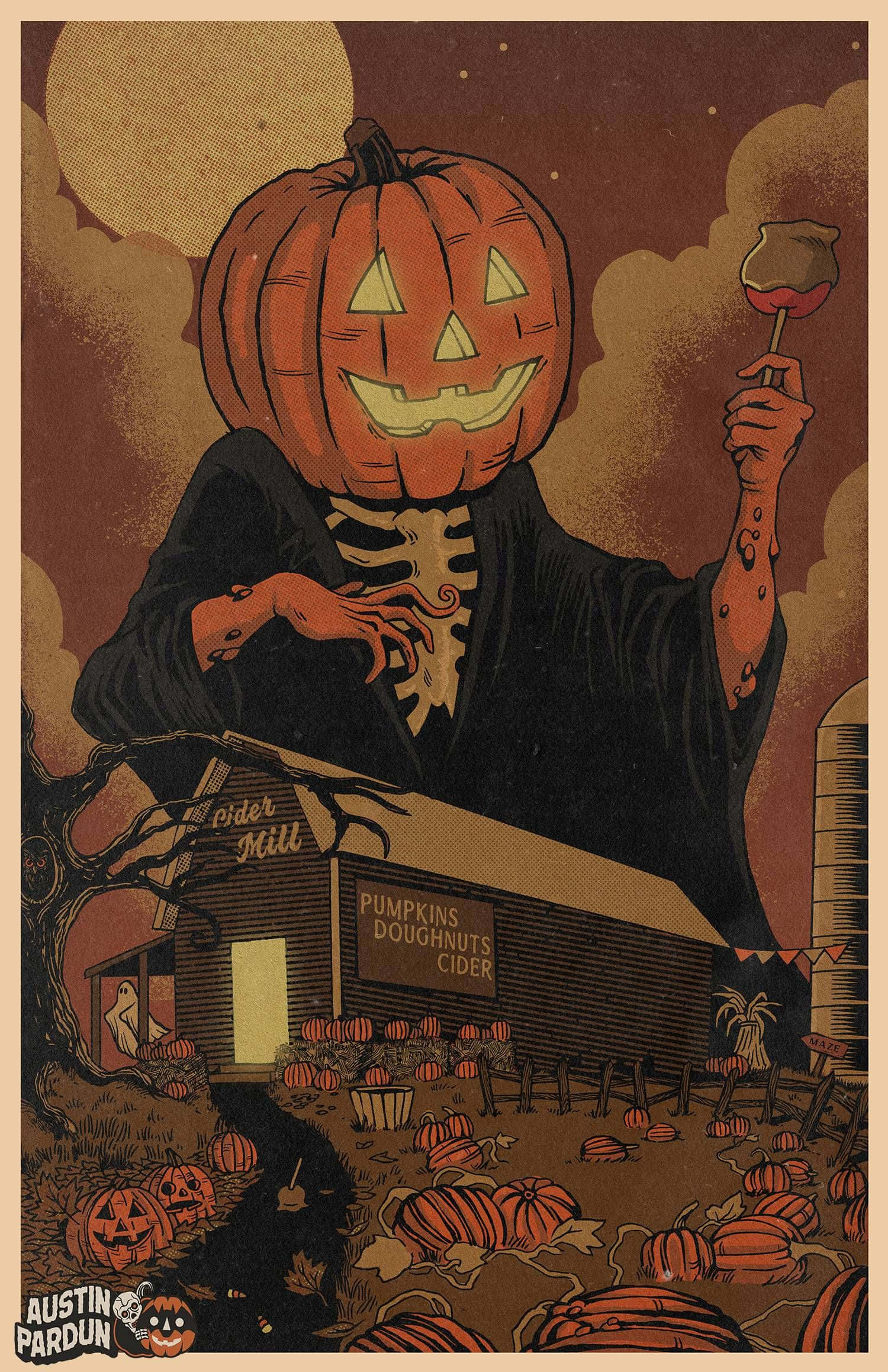 Spooky Art 桌布 壁紙 — 一個穿著黑色長袍、頭部是巨型南瓜燈的人物，在滿月下站在一個堆滿南瓜的蘋果酒廠前喝著蘋果酒。