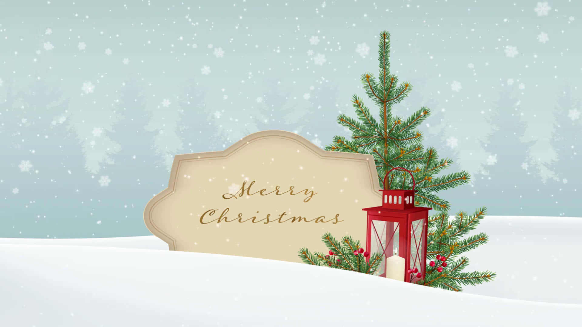Vintage Christmas 桌布 壁紙 — 一個節日冬季場景，紅色燈籠旁邊有一棵小松樹，在飄雪中有一個「聖誕快樂」標誌。
