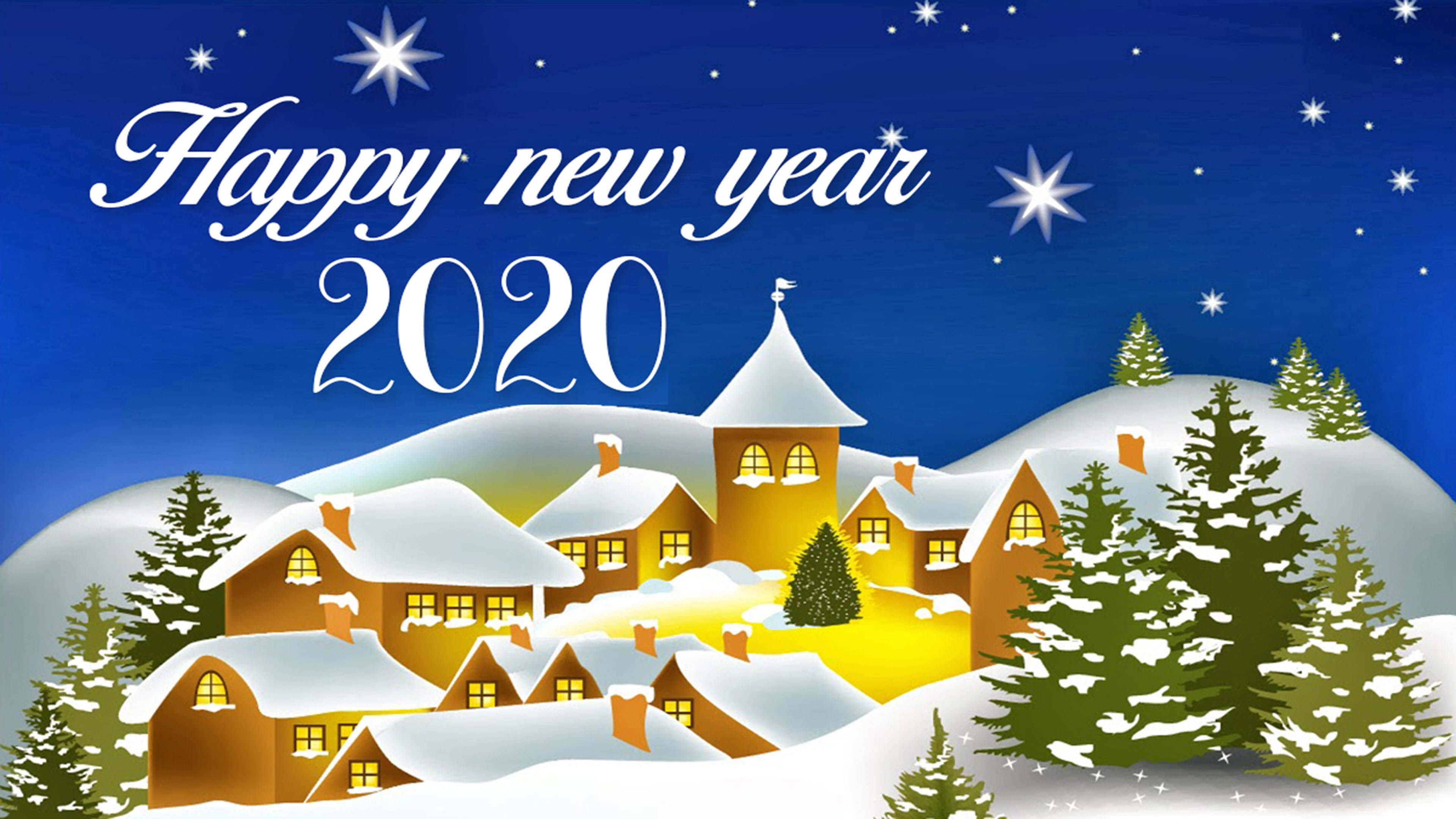Greetings 桌布 壁紙 — 一個節日冬季村莊，雪覆蓋的房屋和發光的窗戶，在繁星點點的夜空下。