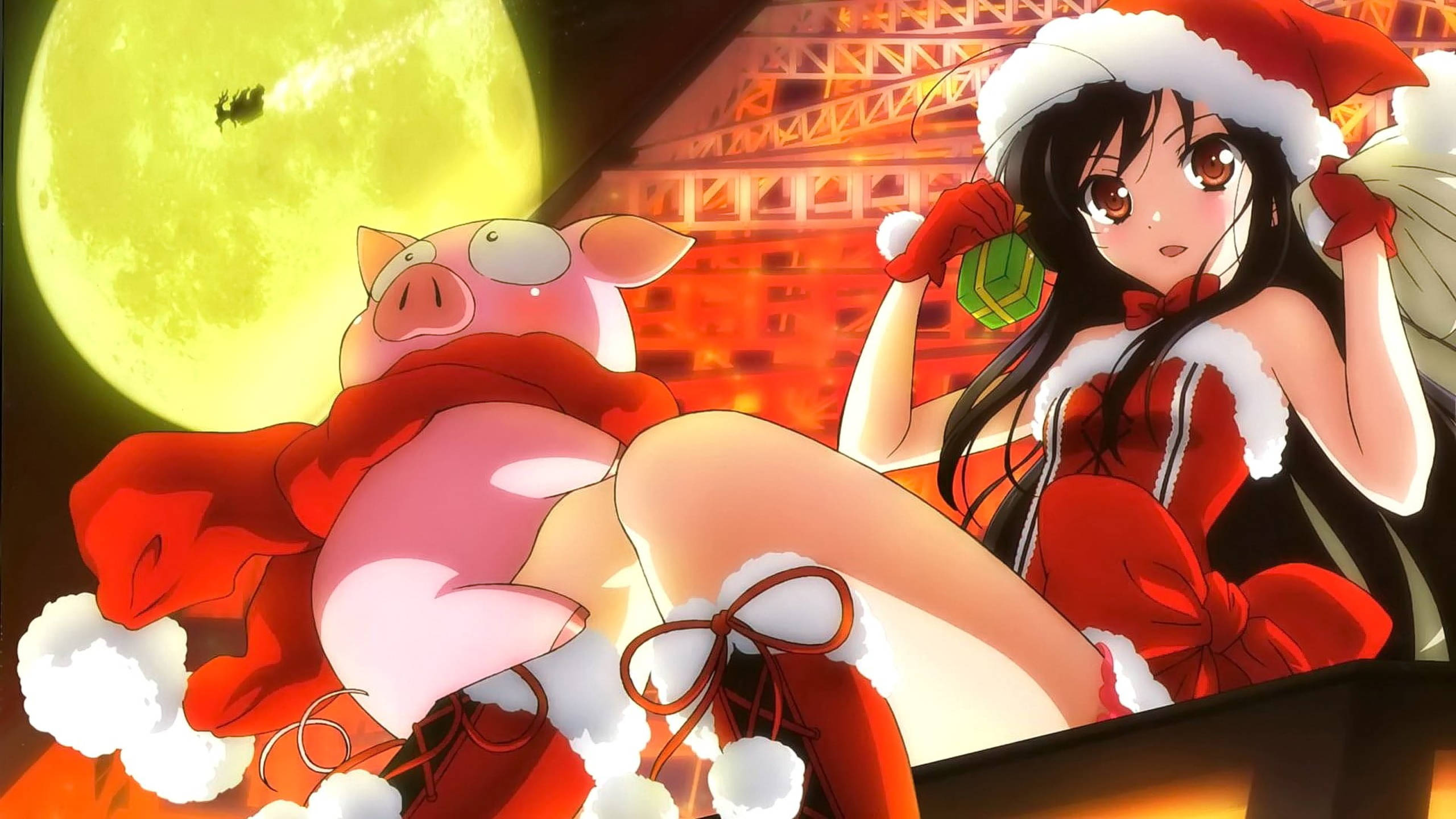 Kuroyukihime And Arita Anime Christmas 壁紙 — 一個節日動漫女孩穿著紅色聖誕老人服裝，在巨大的發光月亮下，旁邊有一隻穿著配套服裝的豬，拿著禮物。