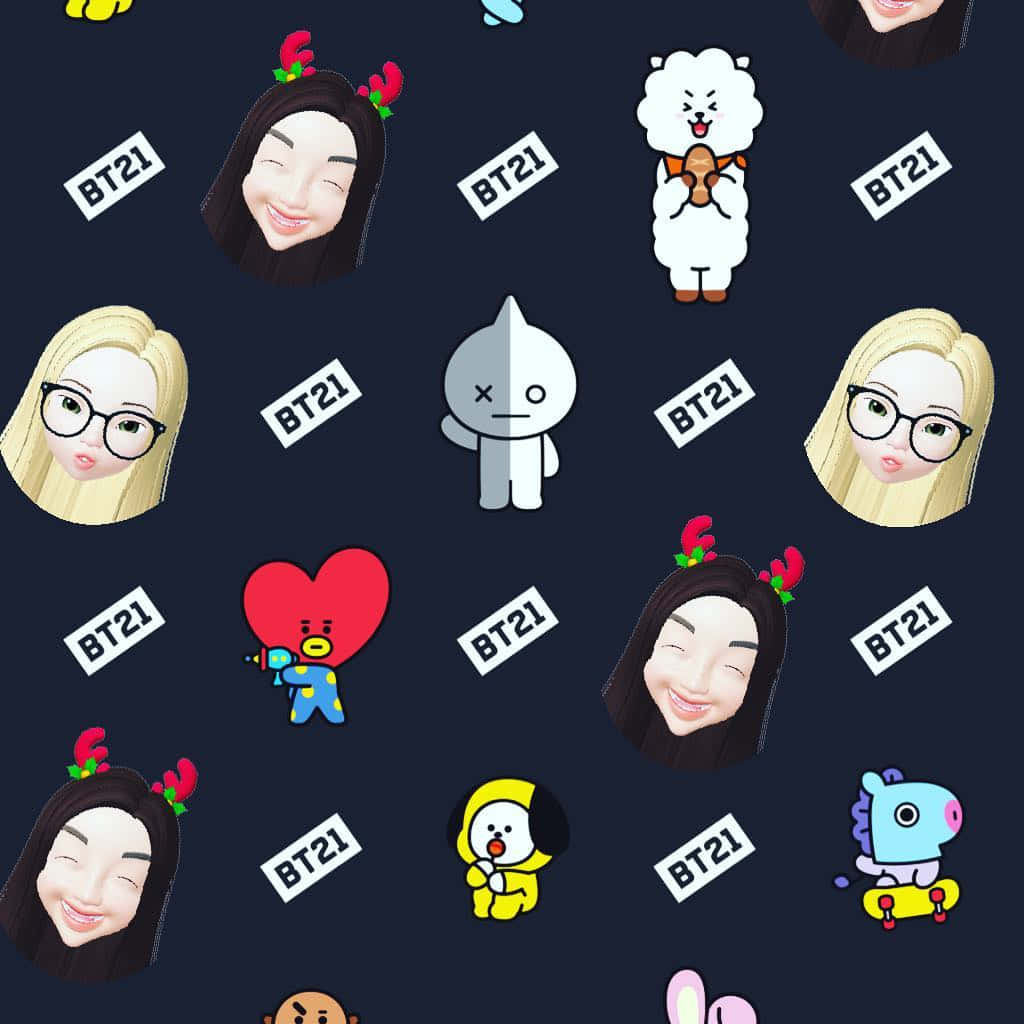 Zepeto 桌布 壁紙 — 一個節日圖案，包含BT21角色，包括微笑的臉和可愛的動物，在深色背景上。